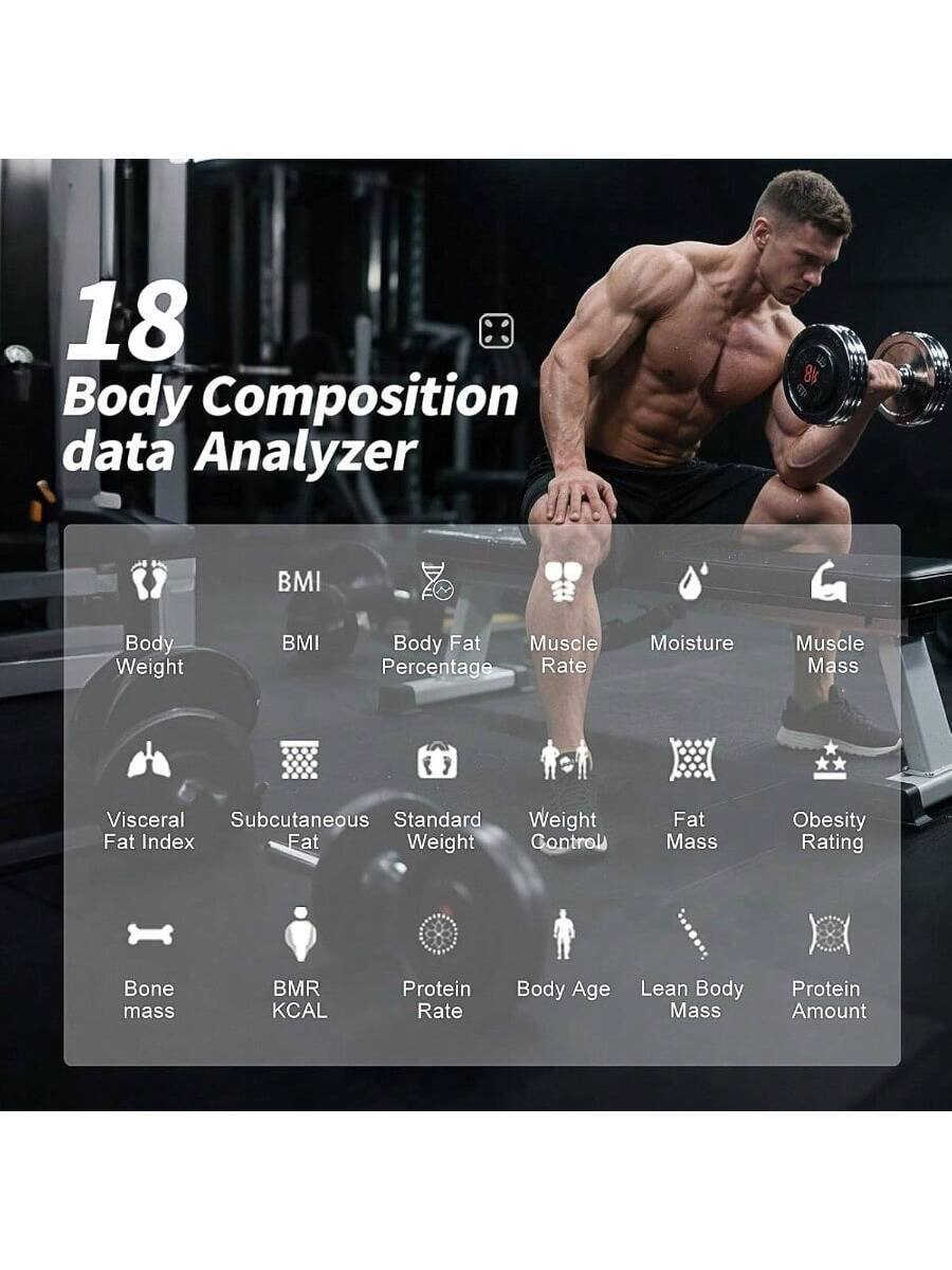 18 Body Composition data Analyzer

- Body Weight
- BMI
- Body Fat Percentage
- Muscle Rate
- Moisture
- Muscle Mass
- Visceral Fat Index
- Subcutaneous Fat
- Standard Weight
- Weight Control
- Fat Mass
- Obesity Rating
- Bone Mass
- BMR KCAL
- Protein Rate
- Body Age
- Lean Body Mass
- Protein Amount