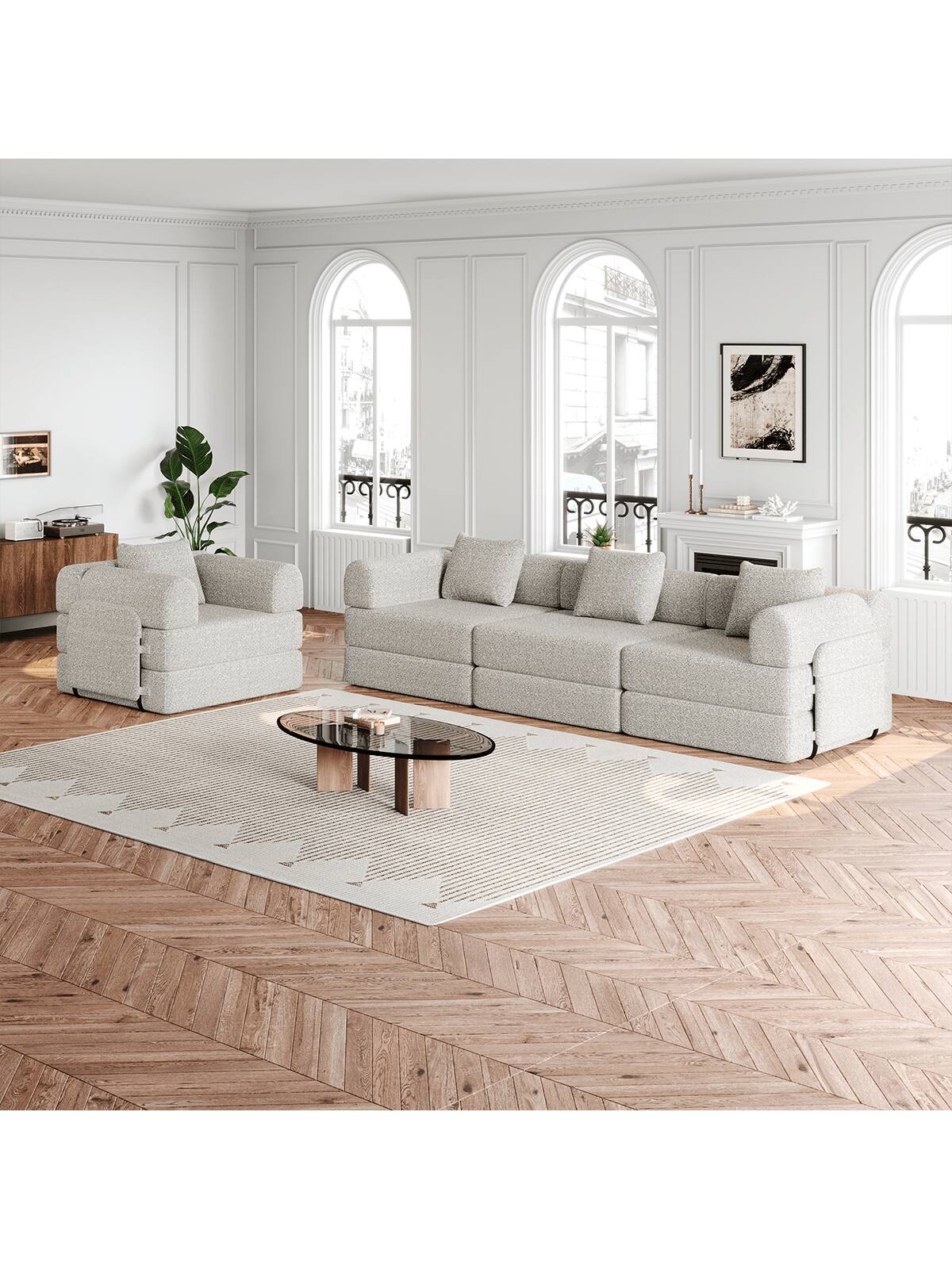 Angle. Trinkets Crazed - Convertible Sofa Bed, 72.4"+ 72.4" Sectional Couch 4-Seater With Storage Pockets Modular Sleeper Couch - Beige.