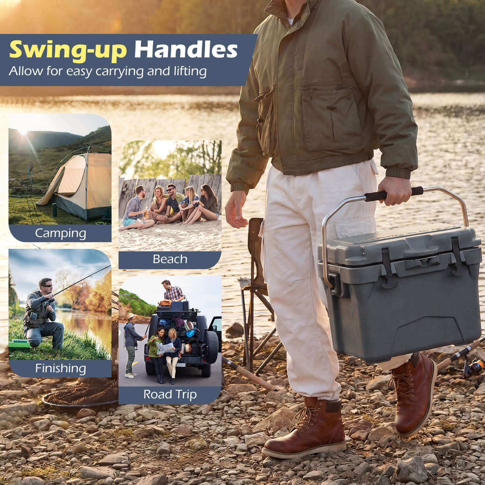 Swing-up Handles  
Allow for easy carrying and lifting

Camping  
Beach  
Finishing  
Road Trip