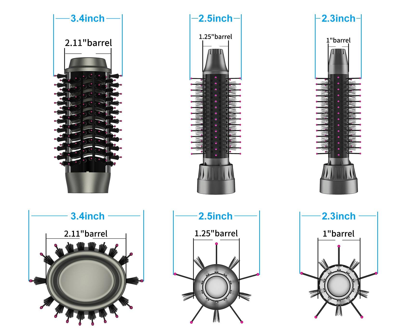 3.4 inch  
2.5 inch  
2.3 inch  
2.11" barrel  
1.25" barrel  
1" barrel
