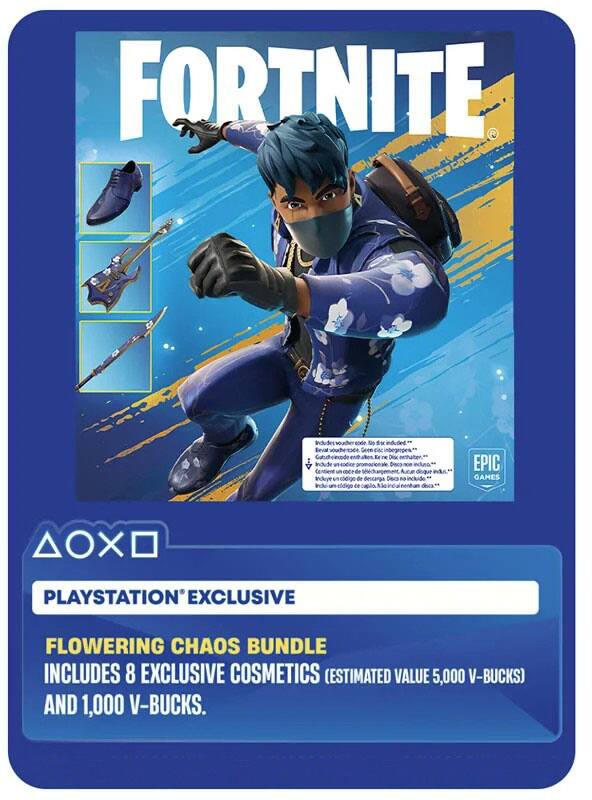 FORTNITE STKY would be available on PlayStation as an EPIC GAMES EXCLUSIVE. The FLOWERING CHAOS BUNDLE includes 8 exclusive cosmetics (estimated value 5,000 V-Bucks) and 1,000 V-Bucks.