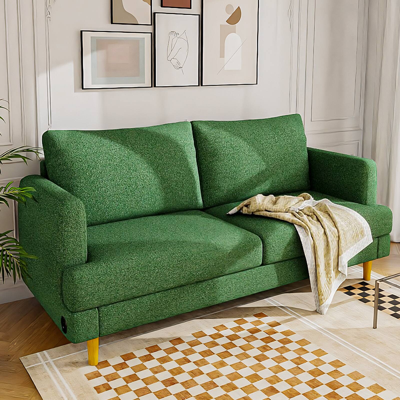 Front. GRANDJOY - 70" Wide Linen Loveseat Sofa with USB Port, and Wood Frame for Small Living Spaces - Green.