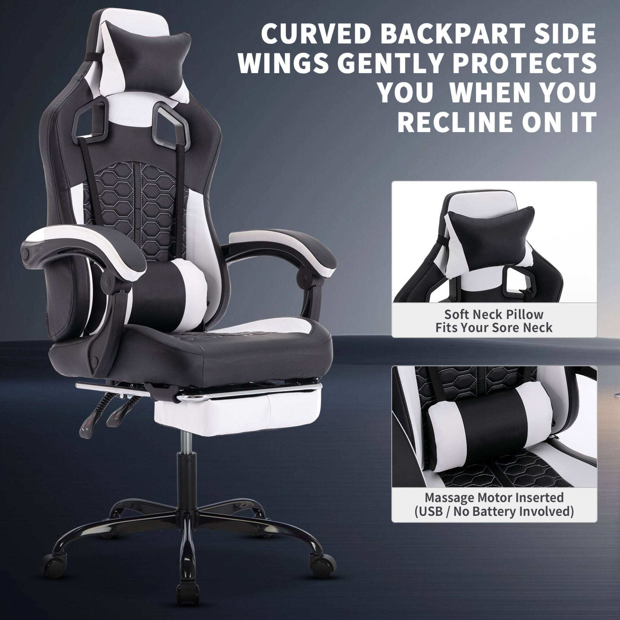 CURVED BACKPART SIDE WINGS GENTLY PROTECTS YOU WHEN YOU RECLINE ON IT

Soft Neck Pillow Fits Your Sore Neck

Massage Motor Inserted (USB / No Battery Involved)