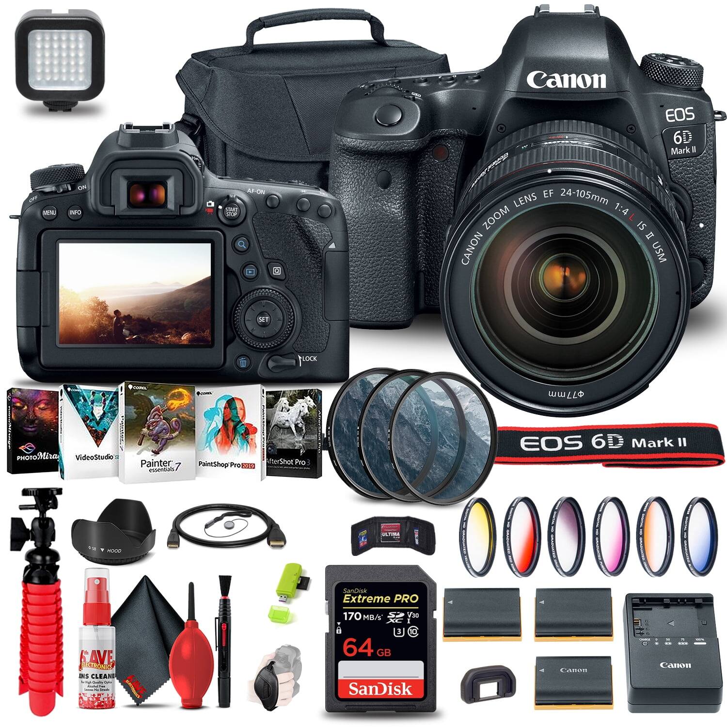 Canon EOS 6D Mark II  
EF 24-105mm LENS ZOOM 1:4 IS USM  
SanDisk Extreme PRO 170 MB/s V30 64 GB  

PHOTO Mira  
VideoStudio Painter 7  
PaintShop Pro 1  
AfterShot Pro 3  

Canon EOS 6D Mark II  
Canon Zoom LENS EF 24-105mm 1:4 IS USM  
SanDisk Extreme PRO 170 MB/s V30 64 GB  

Accessories:  
- Lens Hood  
- Cleaning Kit  
- Tripod  
- Filters  
- Batteries  
- Memory Cards  
- Software CDs