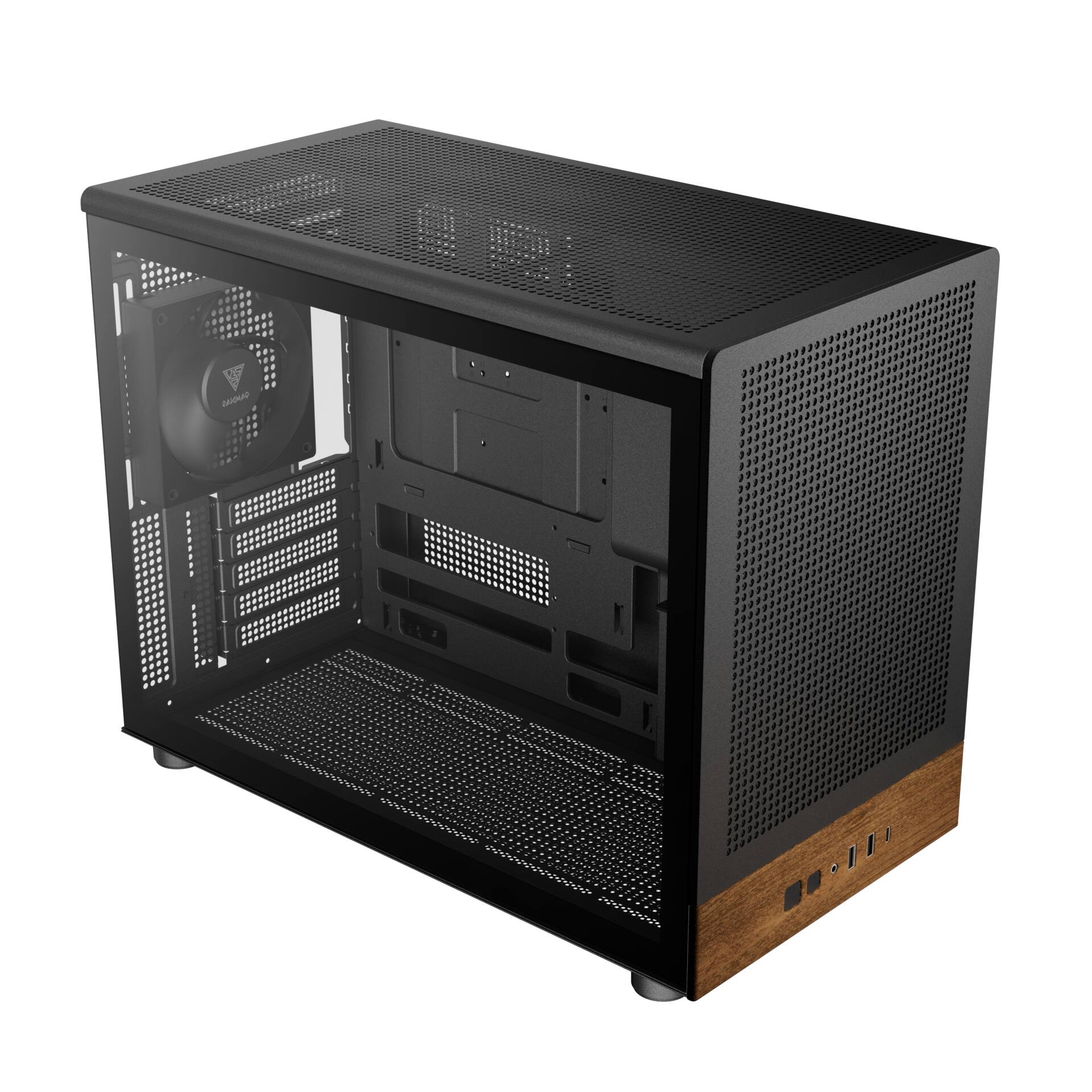 Front. GAMDIAS - Gamdias ATHENA M4M WOOD mATX PC Case: small form factor, 3 fans, ATX PSU, fits 395mm GPU & 360mm radiators. - Black.