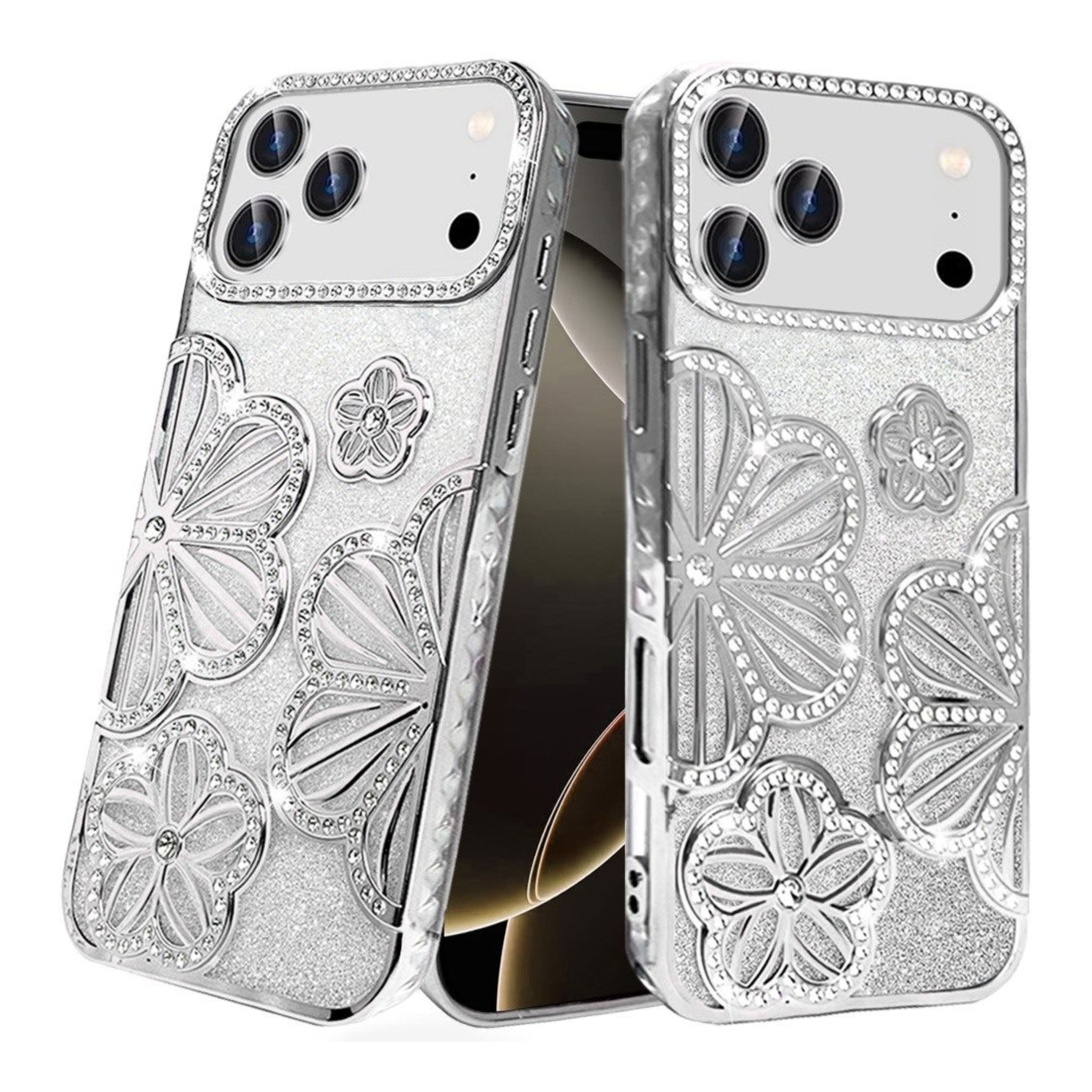Kitcheniva - 3D Floral Glitter TPU Phone Case With Tempered Glass For iPhone 17 Pro - Silver price history on PriceWatchPro