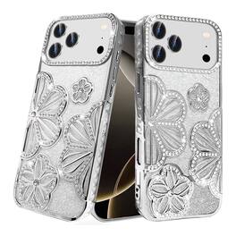 Kitcheniva - 3D Floral Glitter TPU Phone Case With Tempered Glass For iPhone 17 Pro - Silver