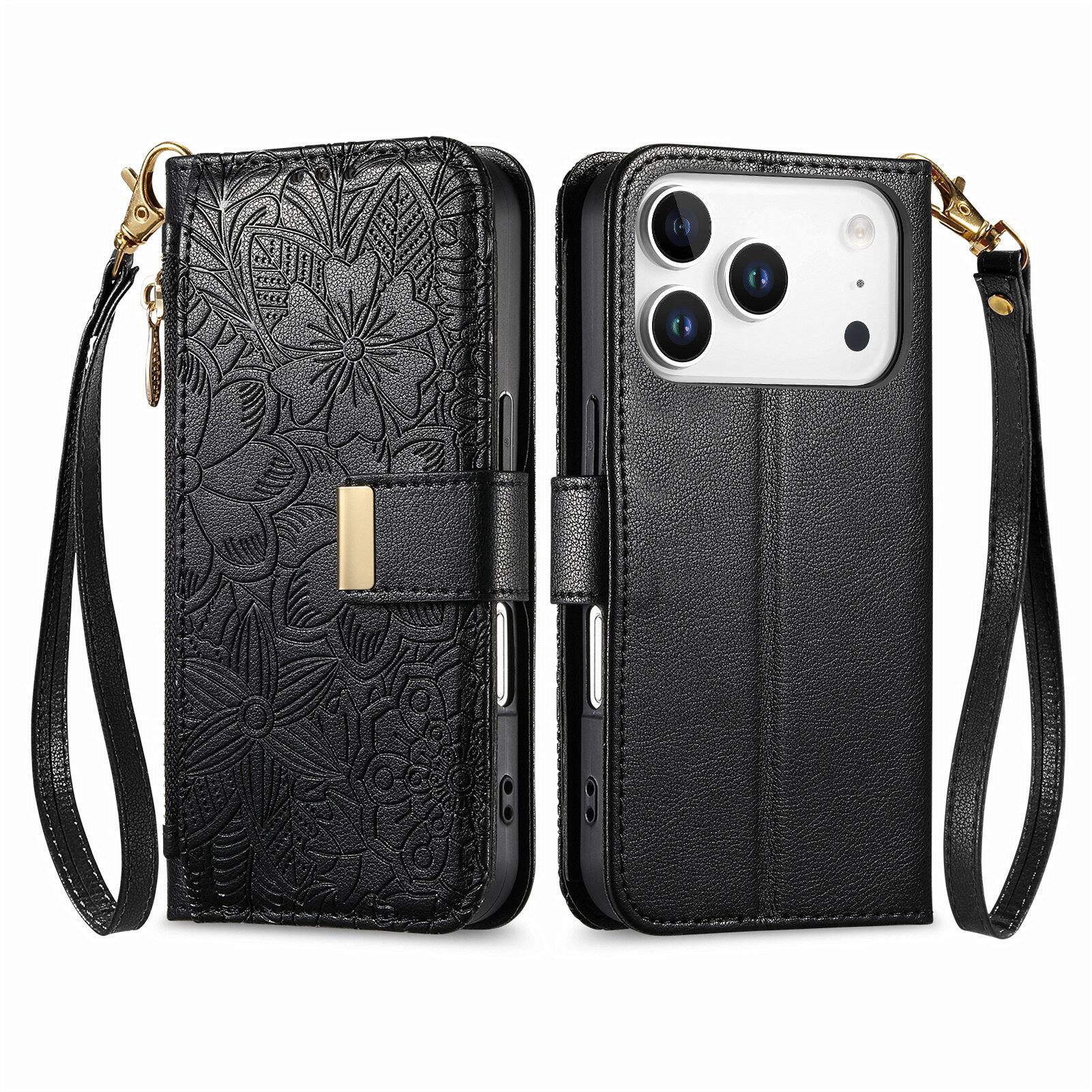 Alt View 1. UUCOVER - Floral PU Leather Wallet Case for iPhone 17 Pro Max with Zipper Pocket, Card Slots,Shoulder & Wrist Strap, Stand Cover - Black.