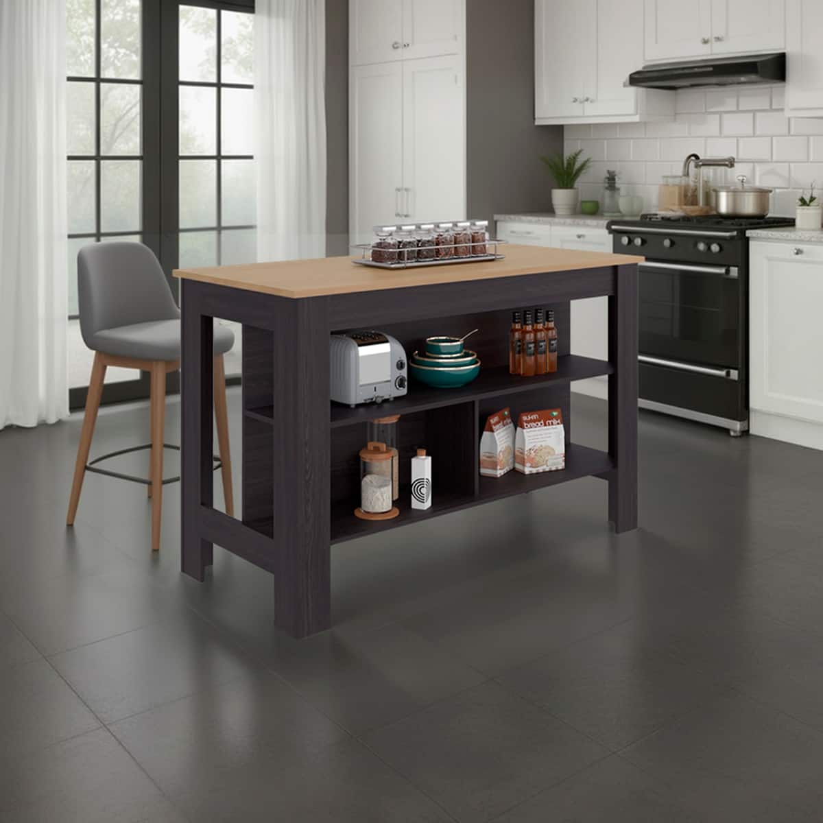 Loheer - kitchen island freestanding meal prep workstation - Dark Brown