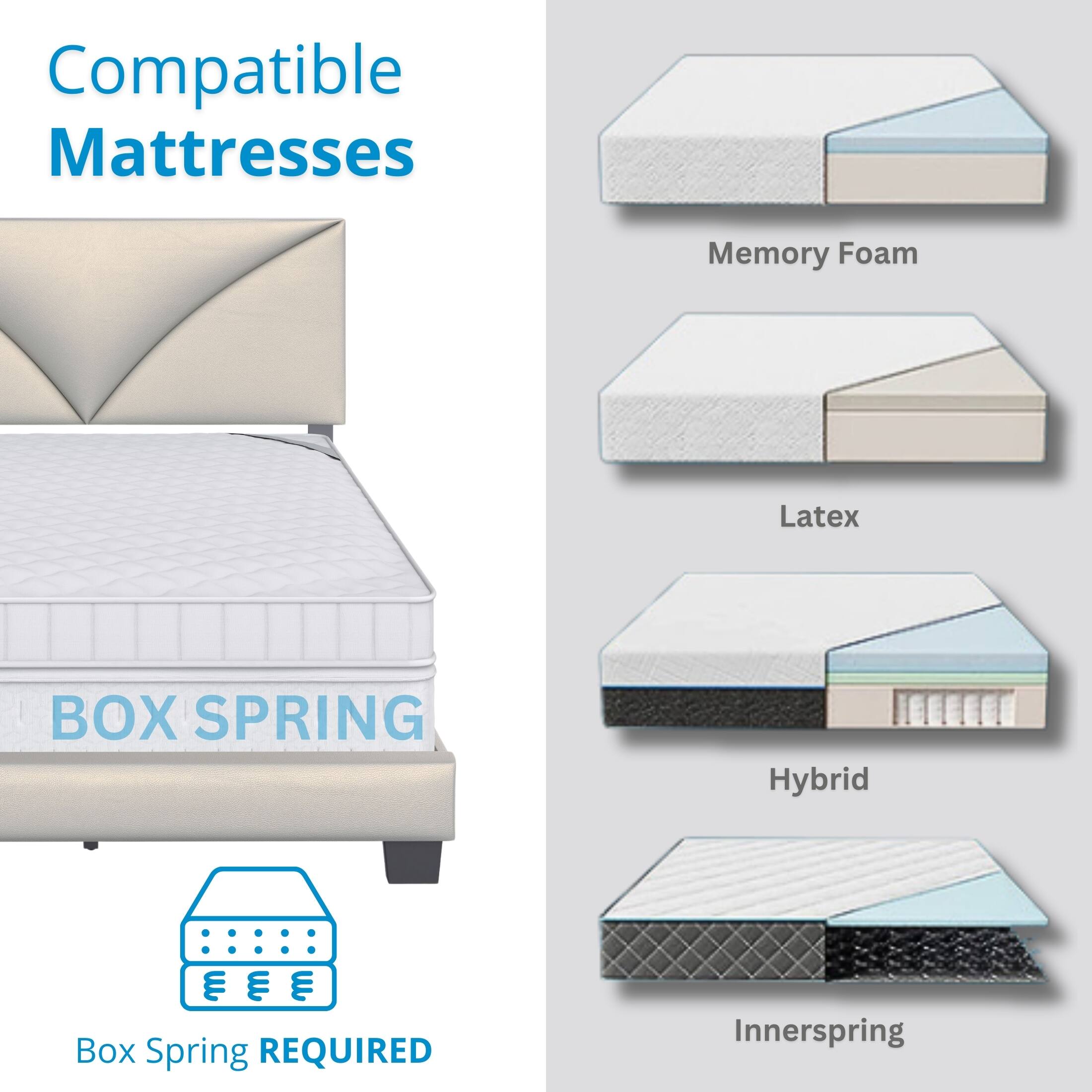 Compatible Mattresses

- Memory Foam
- Latex
- Hybrid
- Innerspring

Box Spring REQUIRED