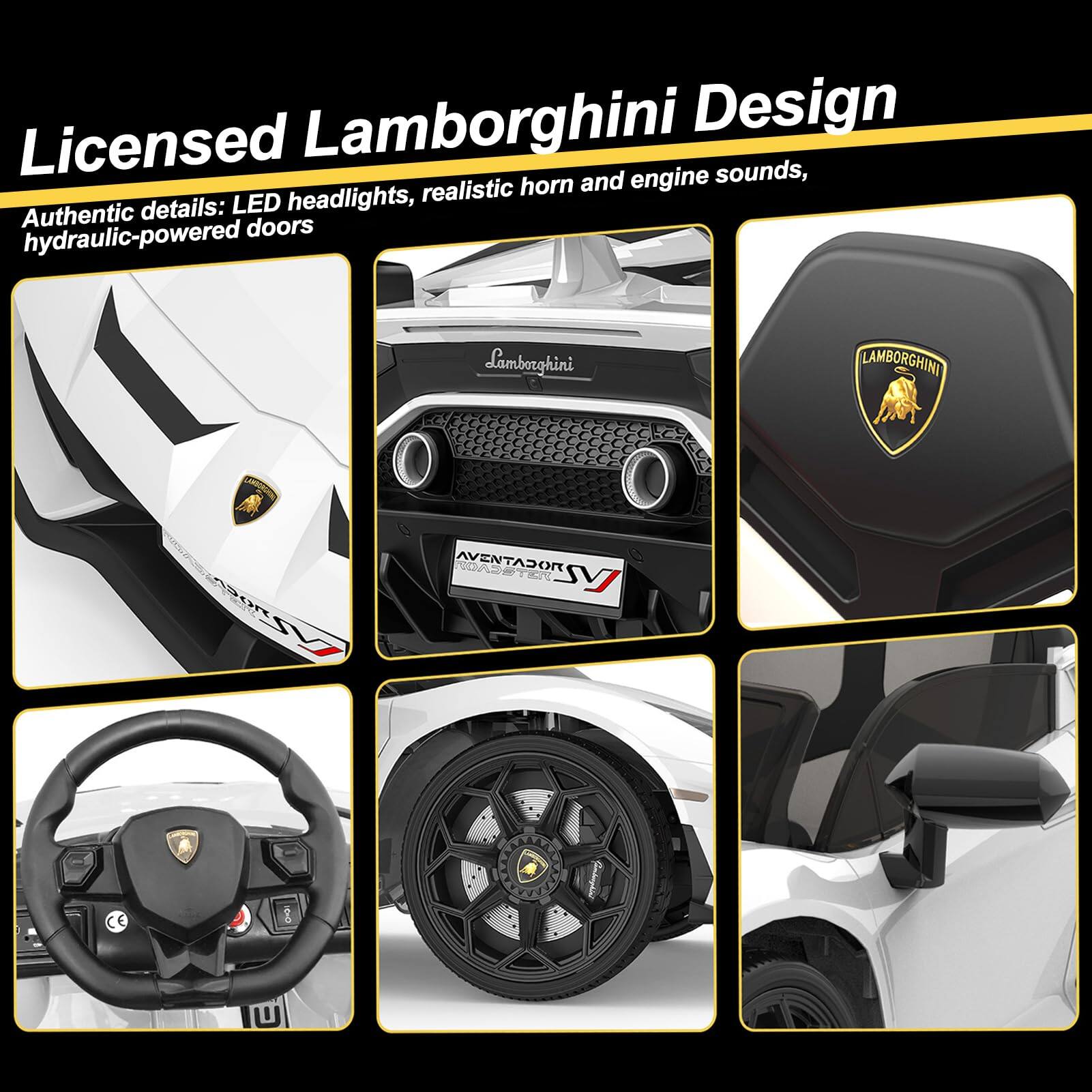 Licensed Lamborghini Design

Authentic details: LED headlights, realistic horn and engine sounds, hydraulic-powered doors