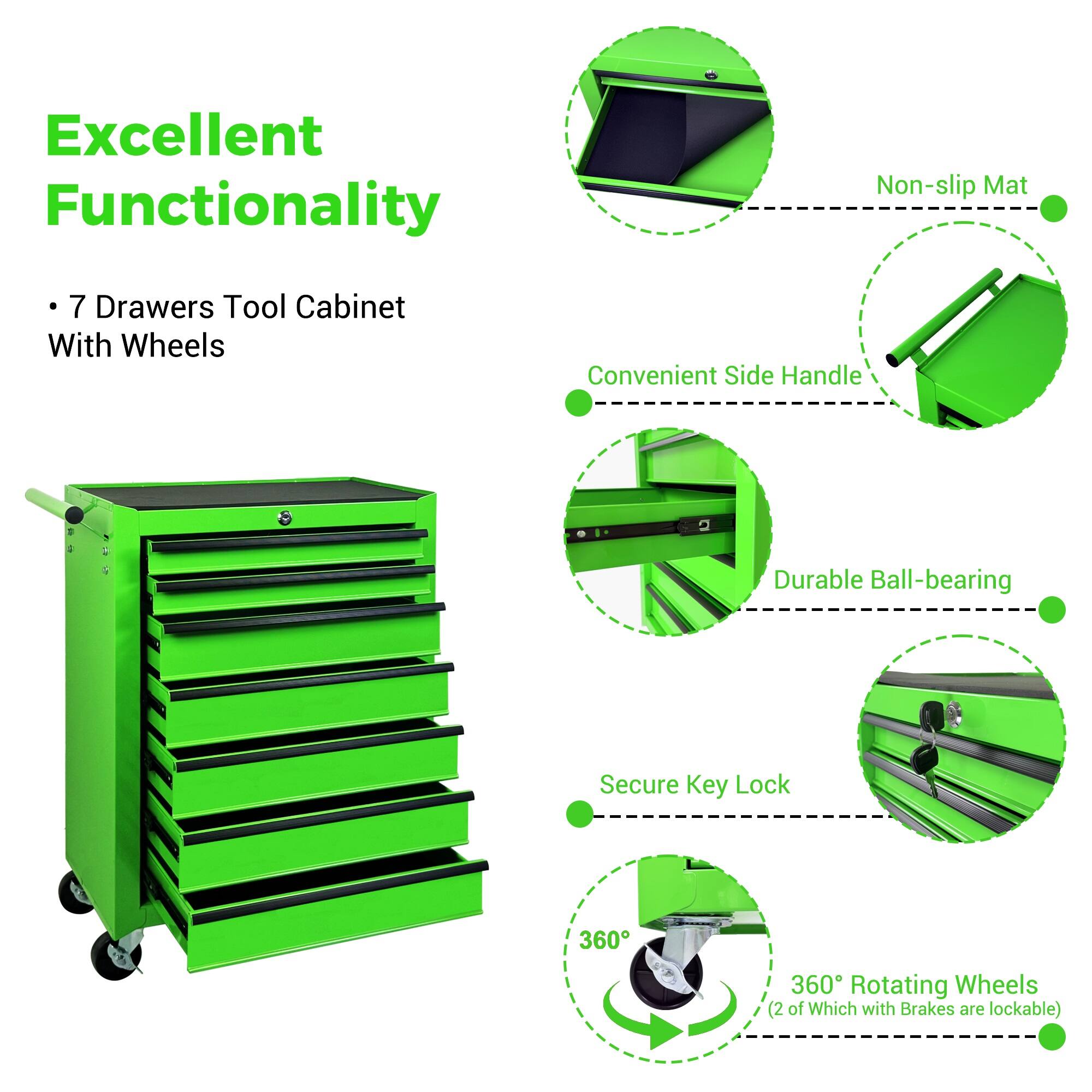 Excellent Functionality  
7 Drawers Tool Cabinet With Wheels  
Convenient Side Handle  
Durable Ball-bearing  
Secure Key Lock  
360° Rotating Wheels (2 of Which with Brakes are lockable)