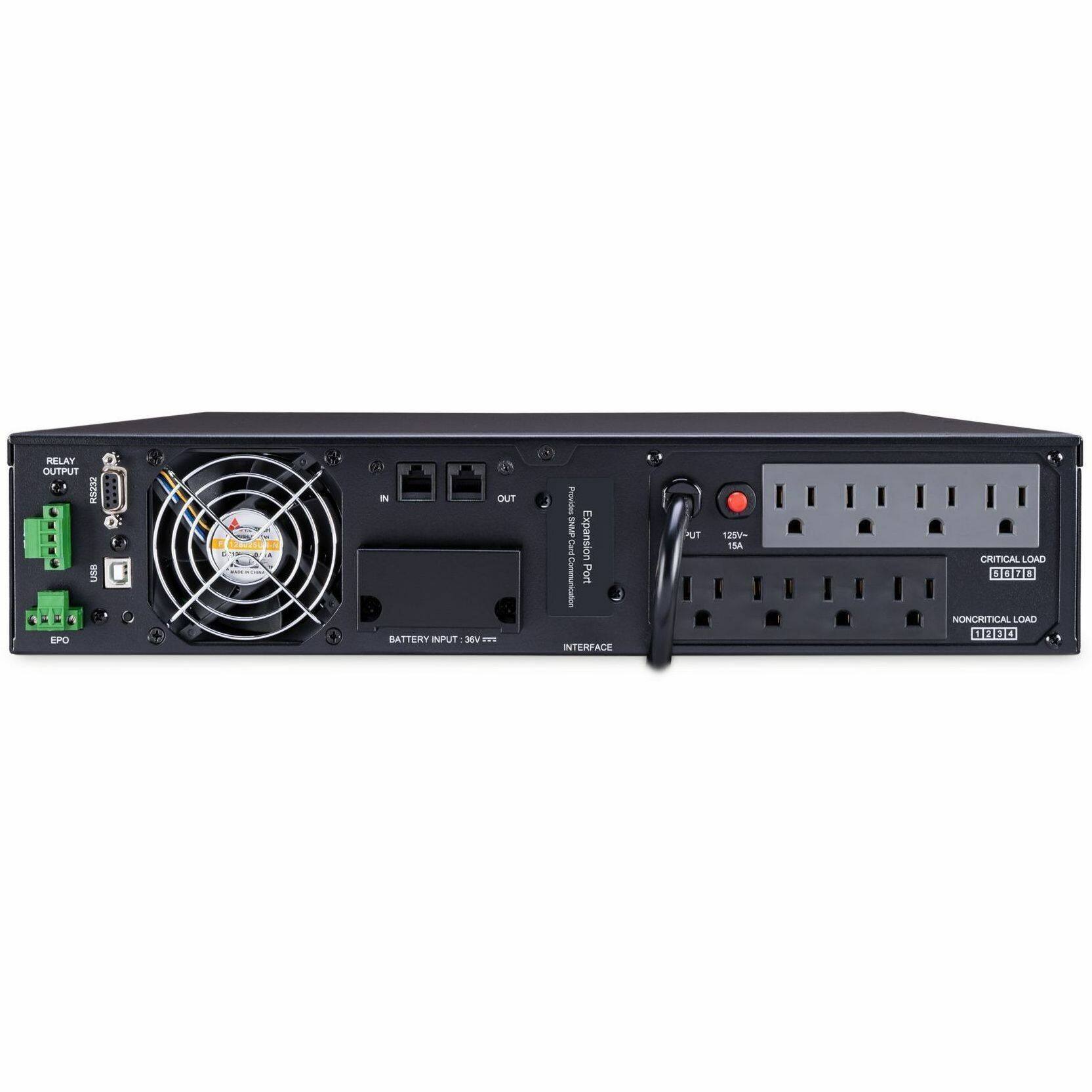 RELAY OUTPUT RS232 USB EPO  
C  
LA  
N  
BATTERY INPUT 36V  
OUT  
Provides GNIMIP Expansion Communication Port INTERFACE  
TUK  
125V- 15A  
CRITICAL LOAD 5070  
NONCRITICAL LOAD 0294