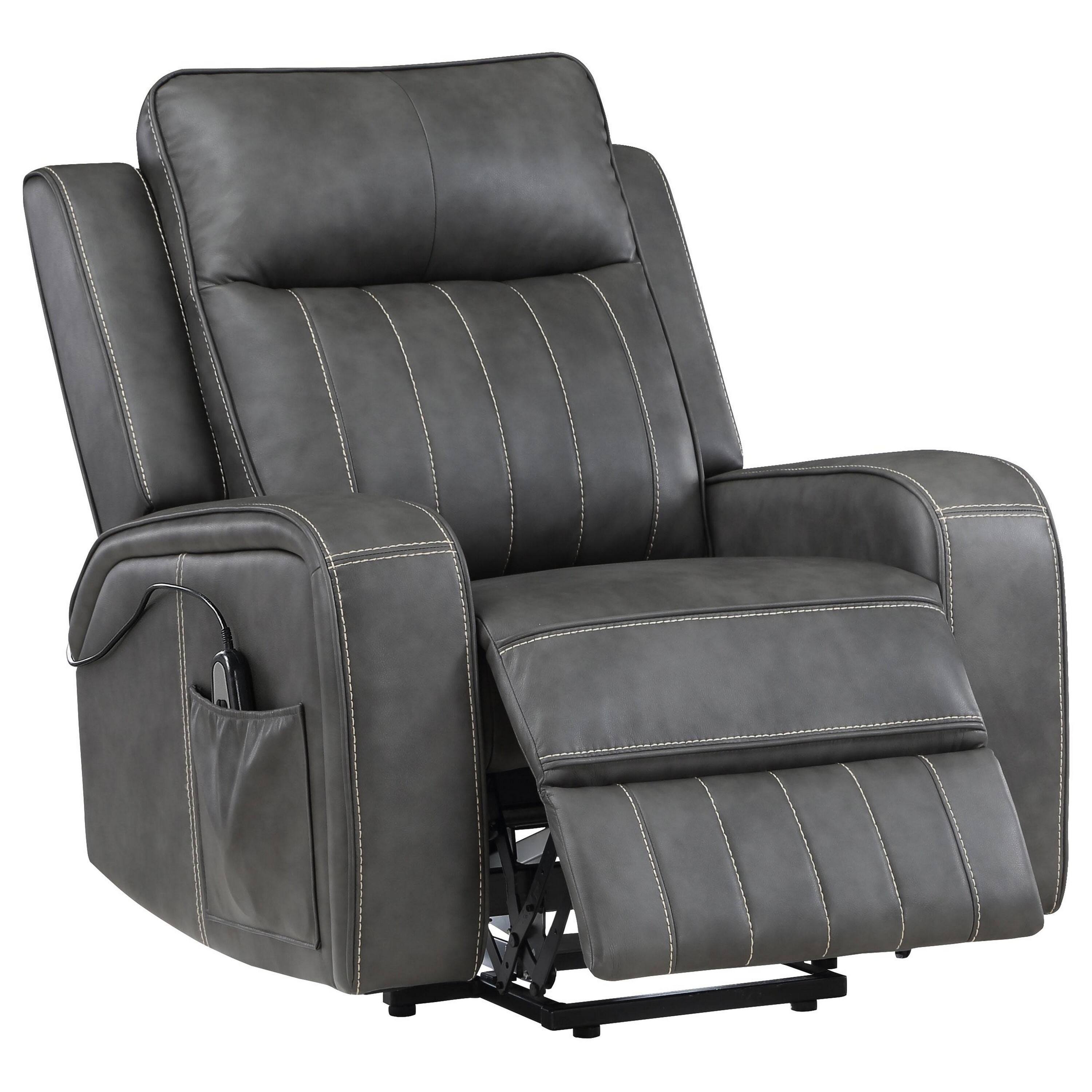 Left. Manhattan Lane - Josen Power Recliner Chair, 36 Inch  Faux Leather, Track Armrests - Gray.