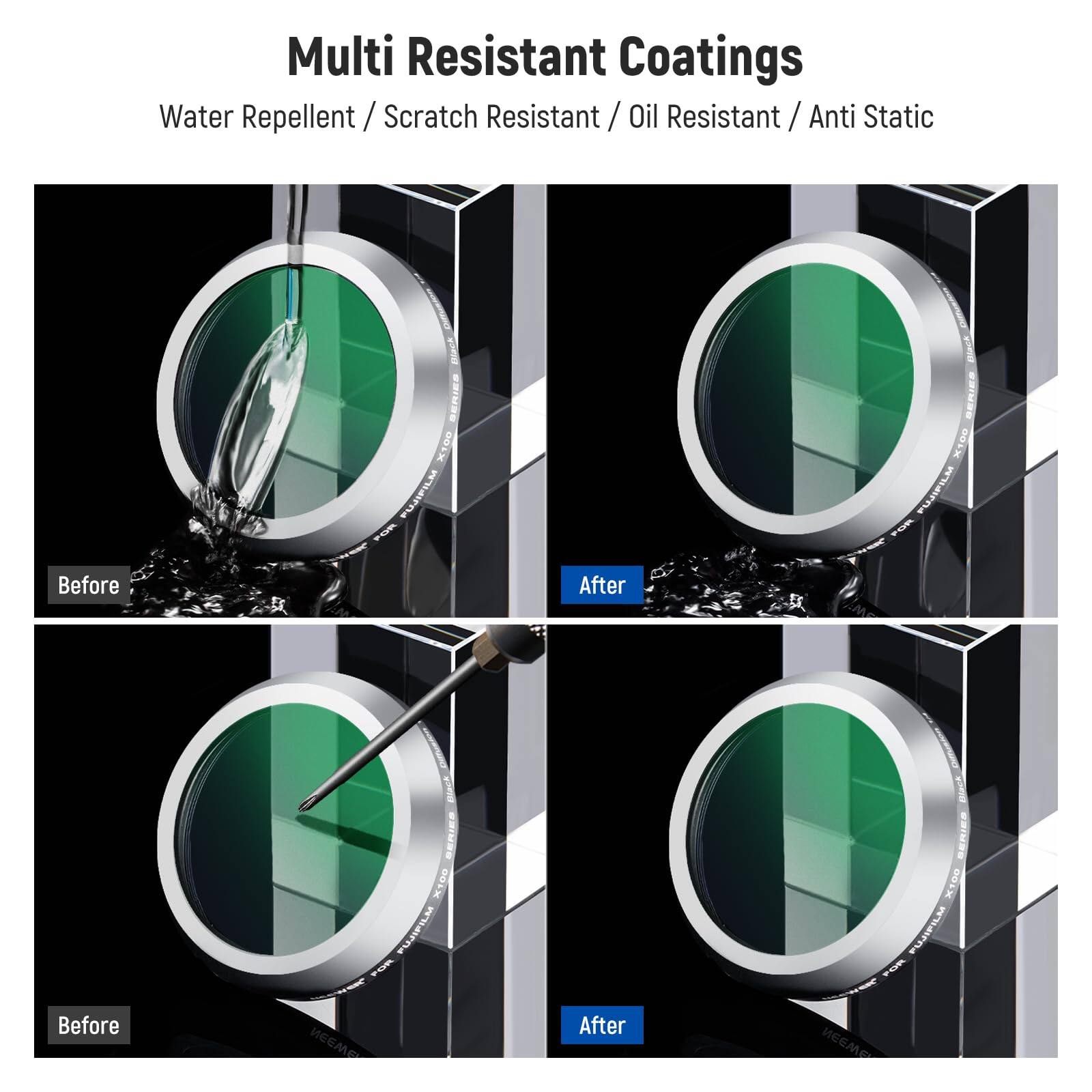 Multi Resistant Coatings  
Water Repellent / Scratch Resistant / Oil Resistant / Anti Static  

Black SERIES K100 PUASPILM SEL  
Black SERIES X100 PUSPILM sR  
Mace SERIES K100 8 K PLLPILM F  
Black SERIES X100 PULSPILM FsR  

Before After | Before EEM After EE