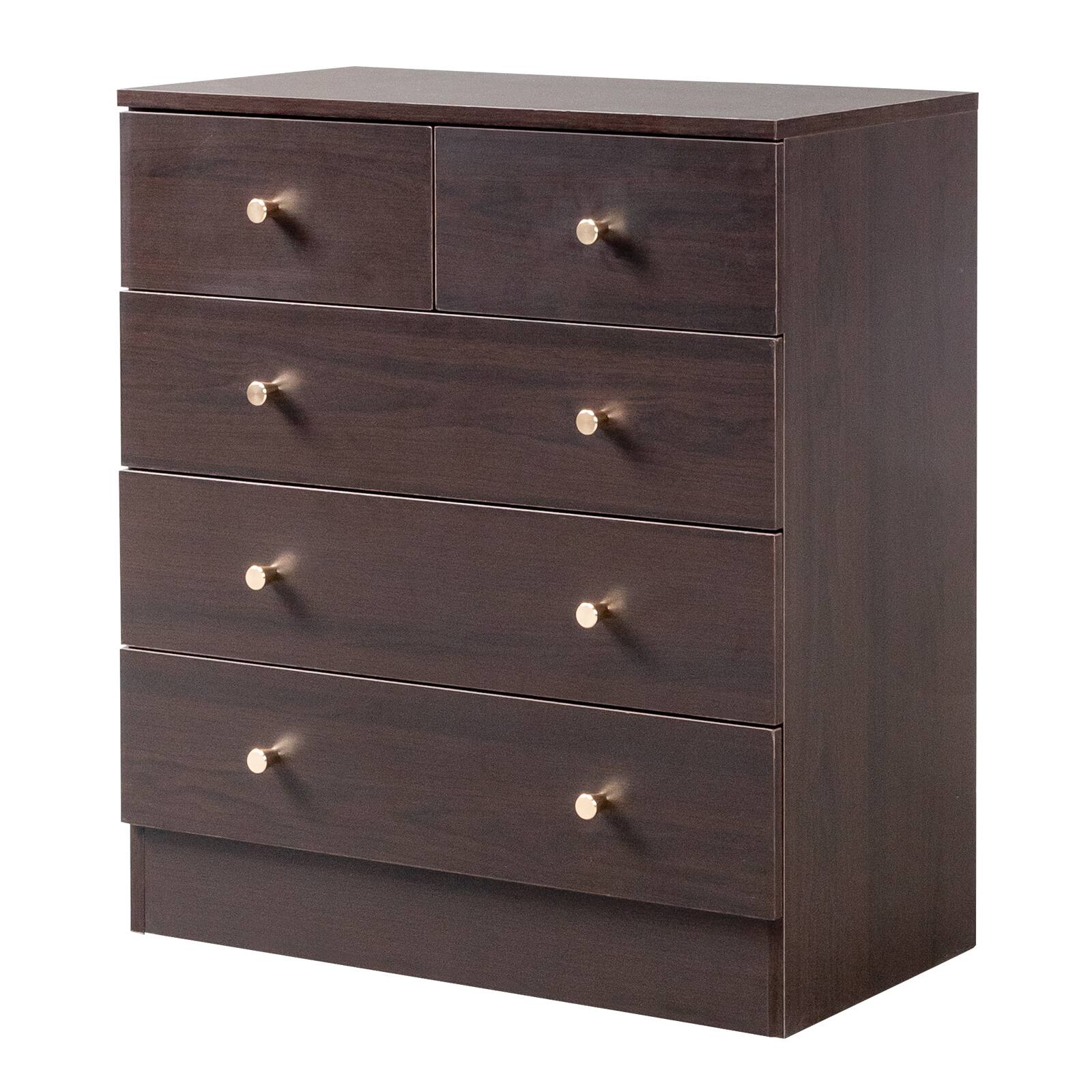 Left. Kadyn - 5 Drawer Dresser with Gold Handle, Nursery Dresser Chest Of Drawers Organizer - Brown.