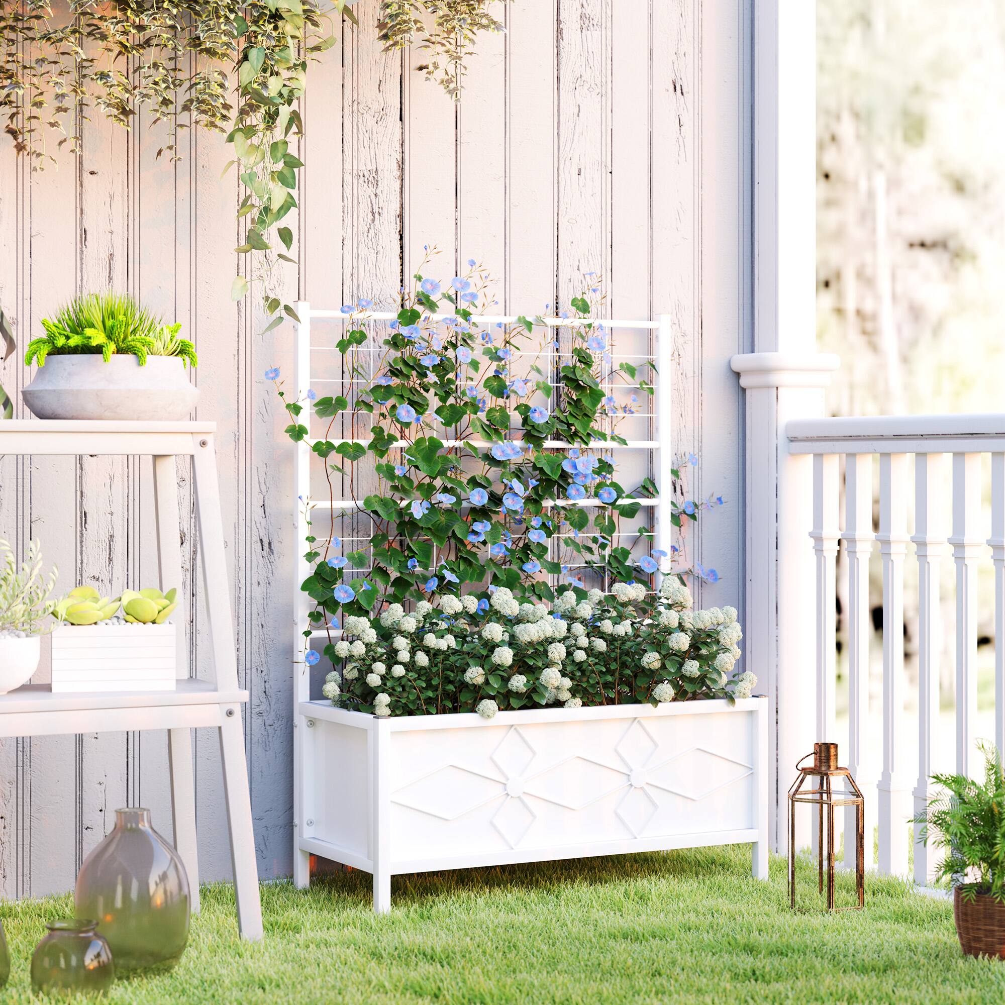 Alt View 1. Outsunny - Planter Box Galvanized Raised Garden Bed with Trellis for Climbing Vines - White.