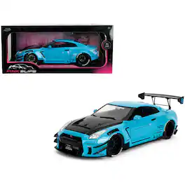 Nissan GT-R (R35) Liberty Walk Body Kit 2.0 RHDBlue with Black Hood "Pink Slips" Series 1/18 Diecast Model Car by Jada