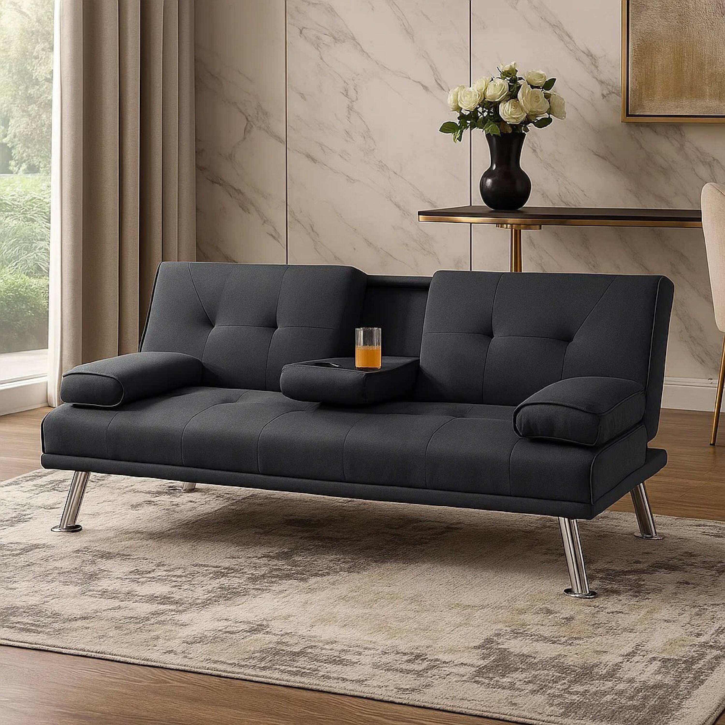 Alt View 5. Manhattan Lane - Gary Convertible Sofa with Fold-Down Table, Metal Legs, Fabric - Black, Chrome.