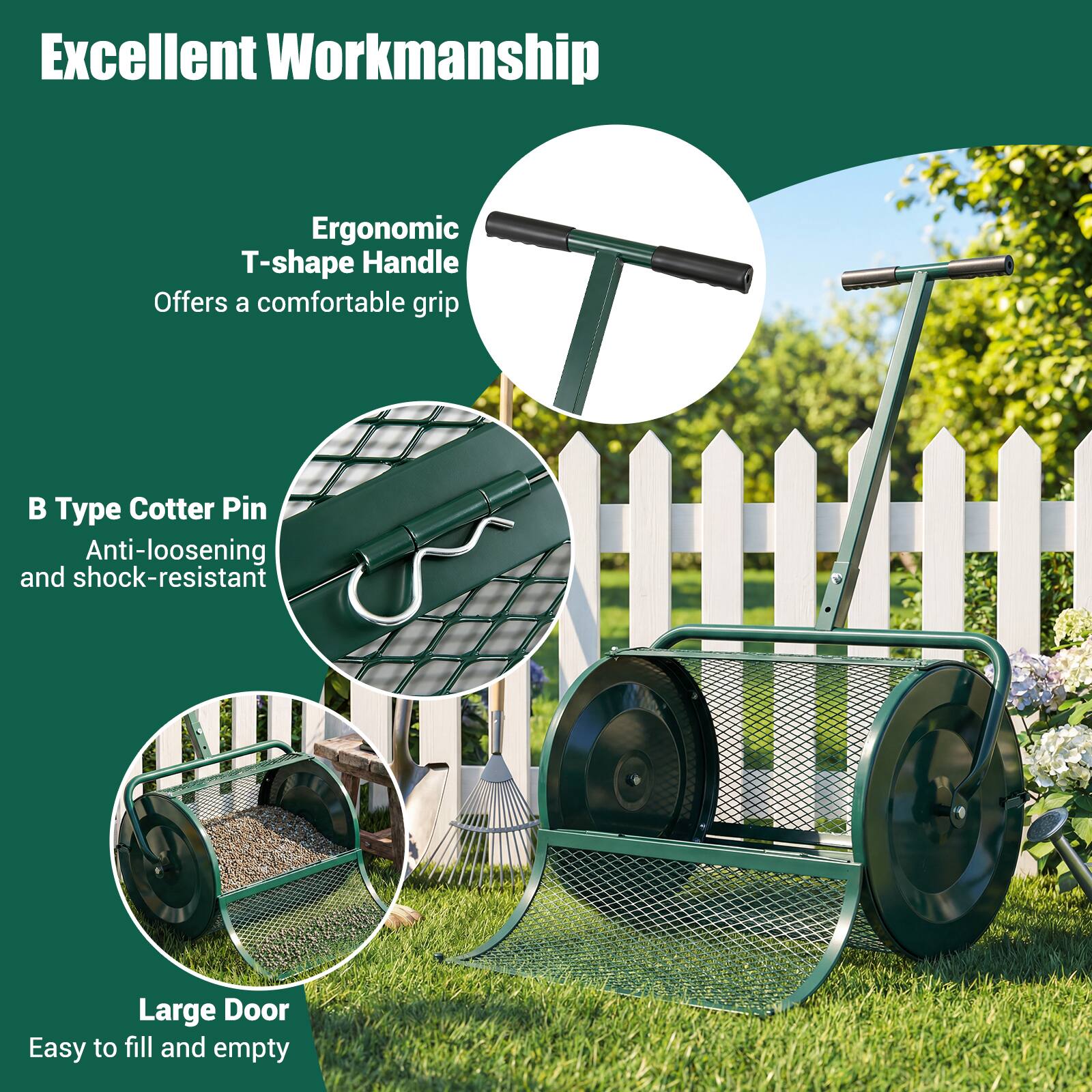 Excellent Workmanship

- Ergonomic T-shape Handle
  Offers a comfortable grip

- B Type Cotter Pin
  Anti-loosening and shock-resistant

- Large Door
  Easy to fill and empty