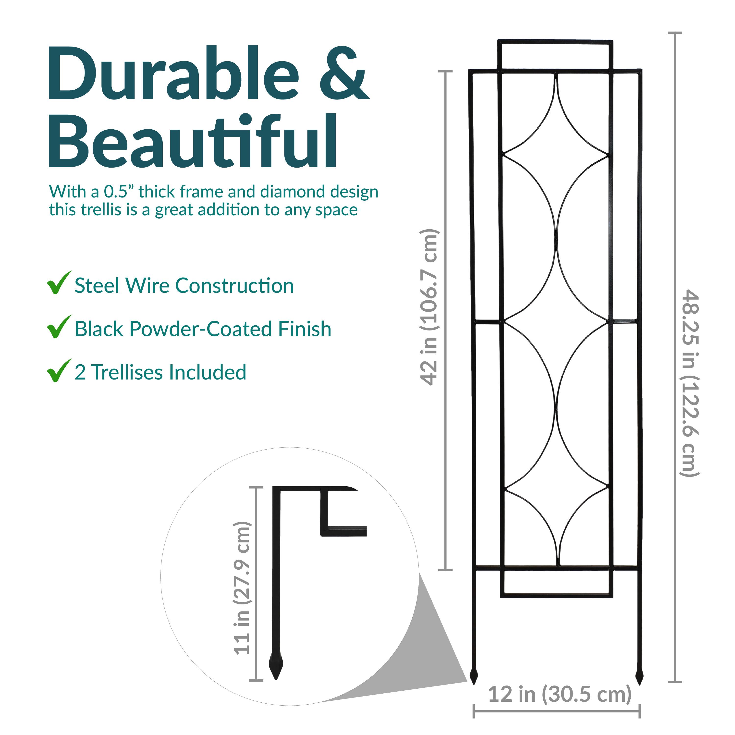 Durable & Beautiful

With a 0.5" thick frame and diamond design, this trellis is a great addition to any space.

- Steel Wire Construction
- Black Powder-Coated Finish
- 2 Trellises Included

Dimensions:
- 42 in (106.7 cm) x 48.25 in (122.6 cm)
- 11 in (27.9 cm) depth
- 12 in (30.5 cm) width