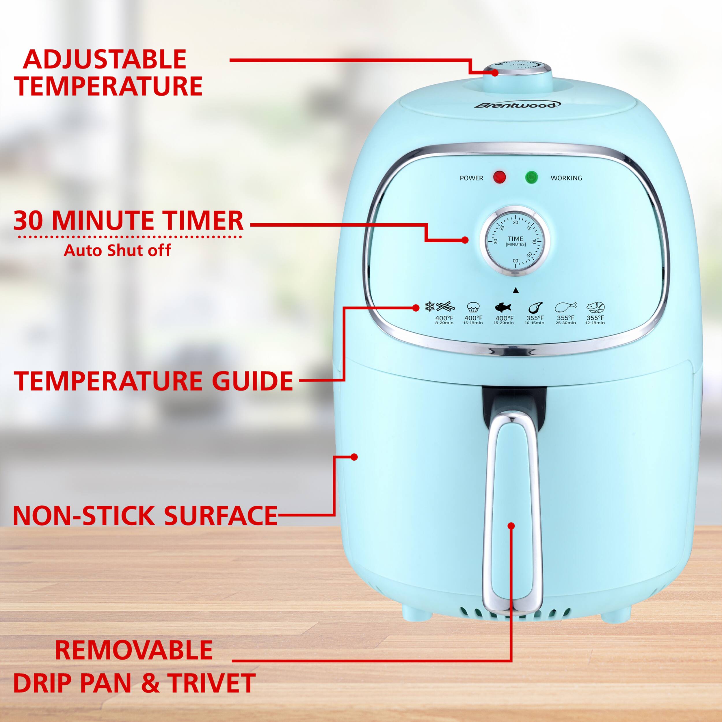 The text on the image has been grouped and corrected as follows:

1. Adjustable Temperature: The oven has adjustable temperature settings, allowing you to cook food at the desired temperature.
2. Power Working: The oven is powered on, and it is ready for use.
3. 30 Minute Timer: The oven has a built-in timer that can be set for up to 30 minutes, ensuring that your food is cooked to perfection.
4. Auto Shut Off: The oven will automatically shut off when the timer runs out, preventing overcooking or burning of the food.
5. 2 x Temperature: The oven has two temperature settings, allowing you to choose between different cooking temperatures depending on your recipe.
6. Non-Stick Surface: The oven has a non-stick surface, making it easy to clean and reducing the need for additional cooking sprays or oils.
7. Removable Drip Pan & Trivet: The oven comes with a removable drip pan and trivet, which can be easily removed and cleaned after use.