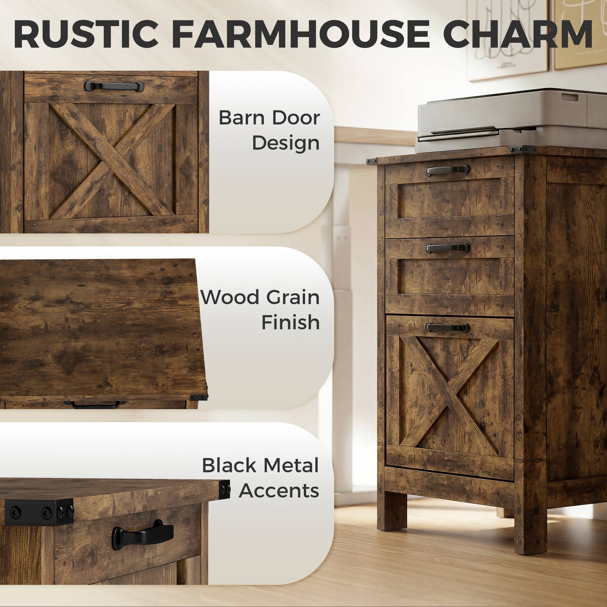 RUSTIC FARMHOUSE CHARM

- Barn Door Design
- Wood Grain Finish
- Black Metal Accents