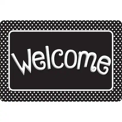 Front. ASHLEY PRODUCTIONS - Smart Poly The Original Fun Mat Welcome Mat 15.5 x 23.5 Black and White Polka Dots Welcome - Multicolored.