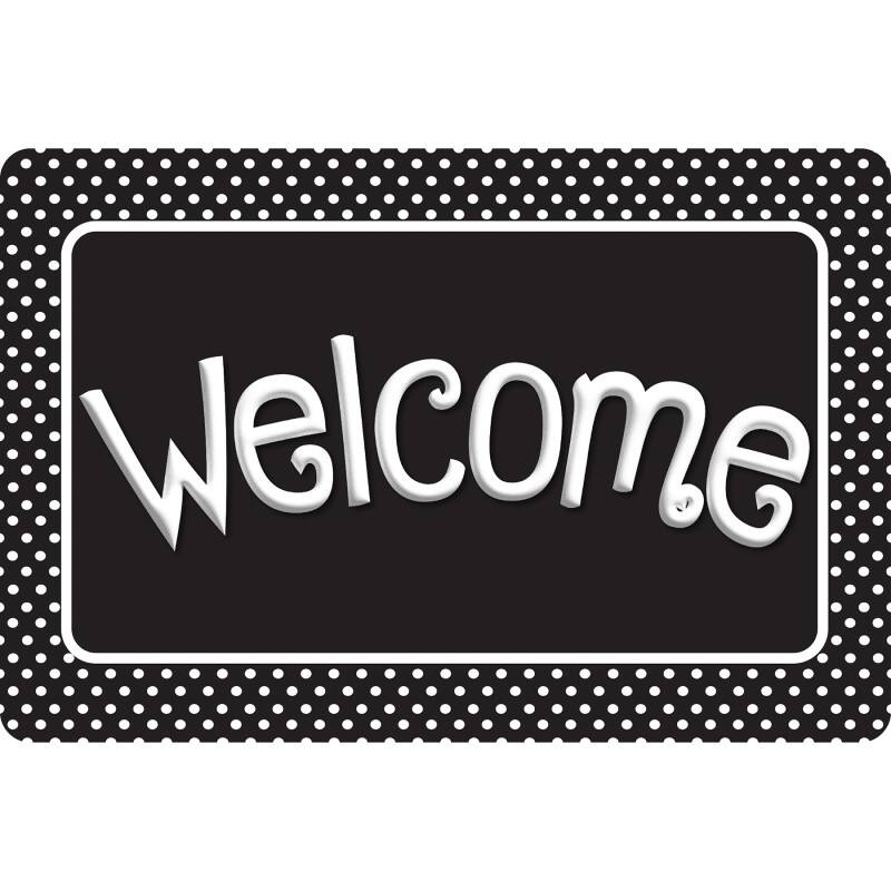 Front. ASHLEY PRODUCTIONS - Smart Poly The Original Fun Mat Welcome Mat 15.5 x 23.5 Black and White Polka Dots Welcome - Multicolored.