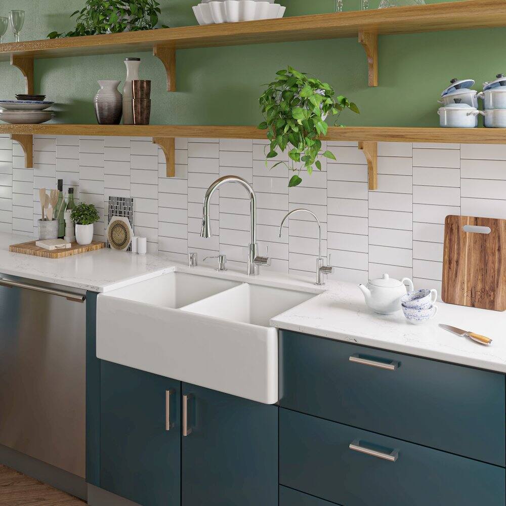 Alt View 5. Alfi - ALFI brand White 32 Smooth Apron Double Bowl Fireclay Farmhouse Kitchen Sink - White.