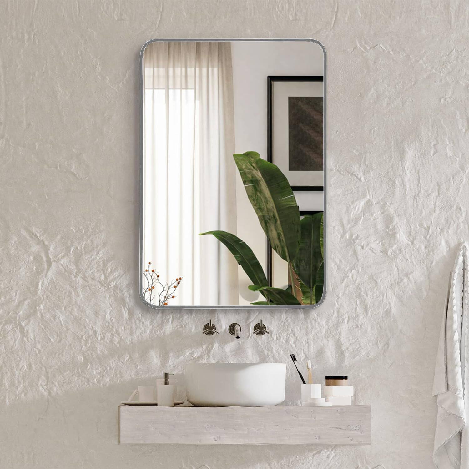 Front. BreeBe - 22x30 Inch Silver Metal Framed Rectangular Bathrrom Mirror for Wall. - Silver.