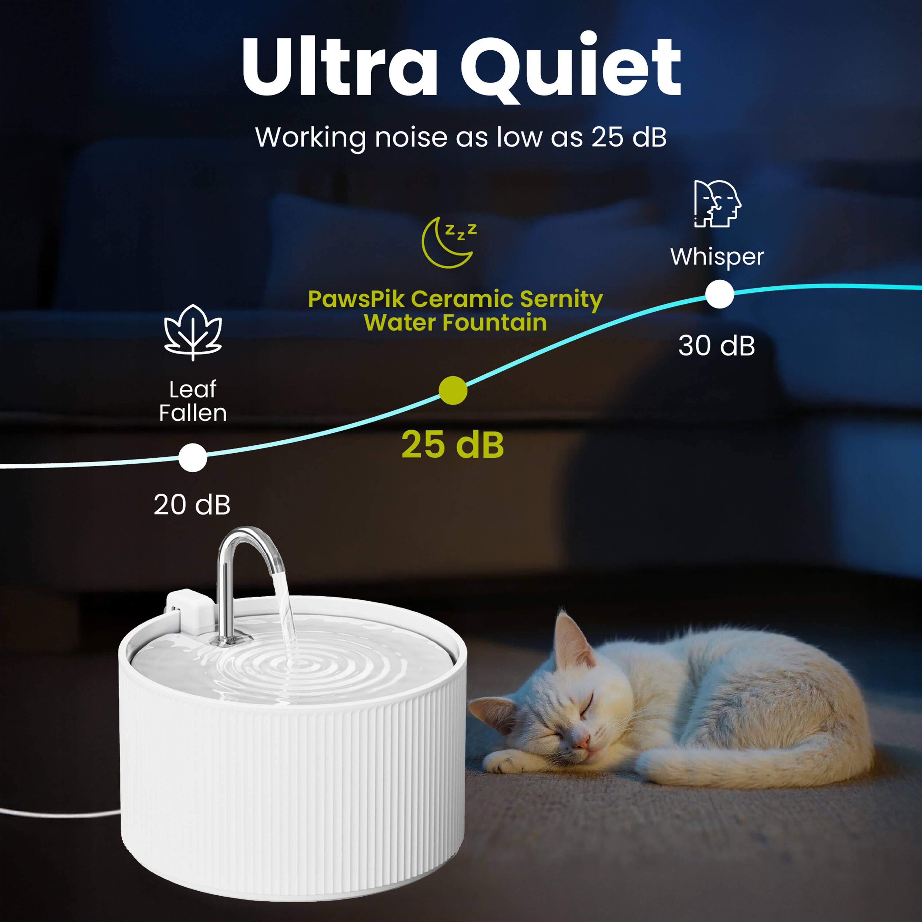 Ultra Quiet  
Working noise as low as 25 dB  

PawsPik Ceramic Serenity Water Fountain  

Whisper 30 dB  
Leaf Fallen 25 dB  
20 dB
