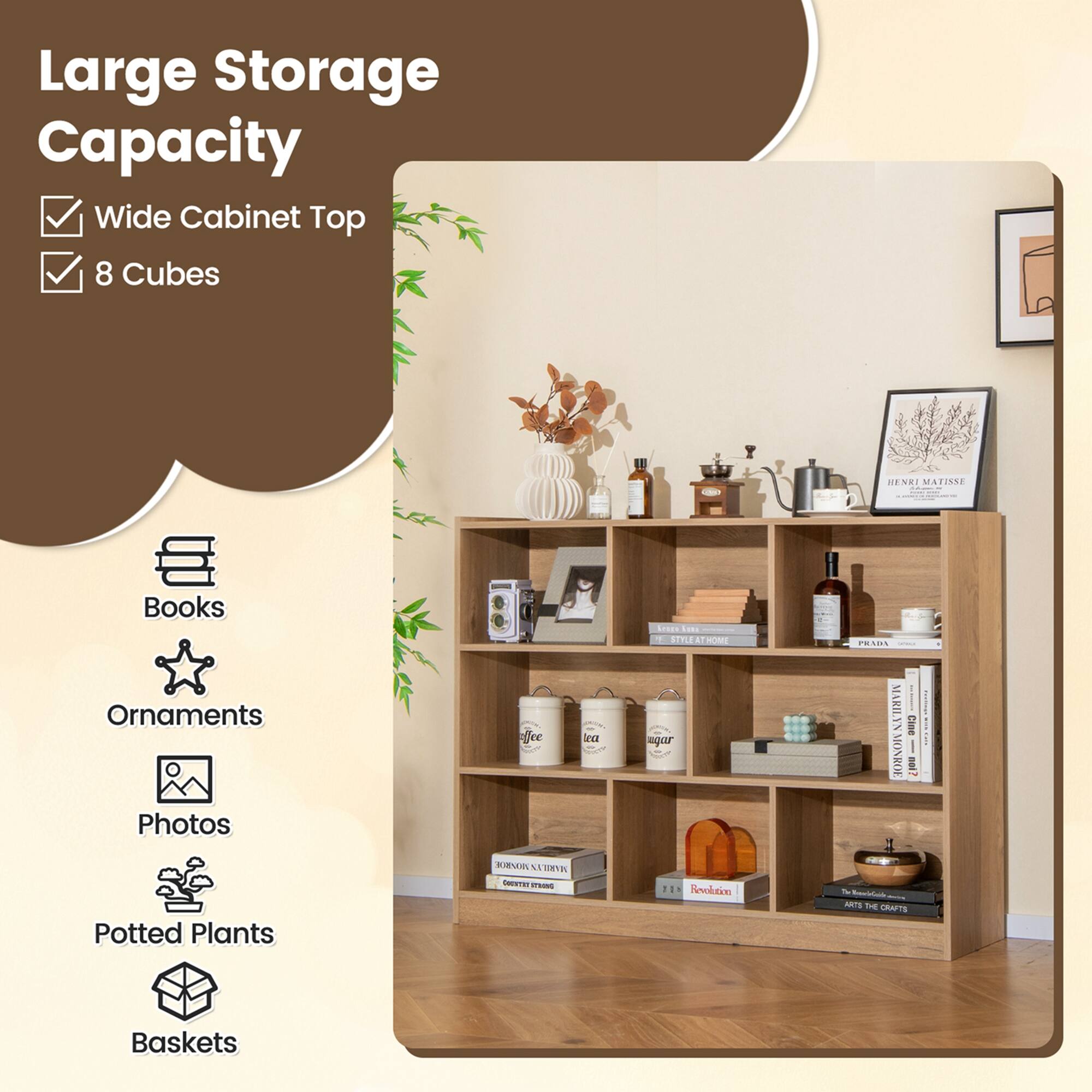 Large Storage Capacity Wide Cabinet Top 8 Cubes Books Ornaments Photos Potted Plants Crafts Baskets