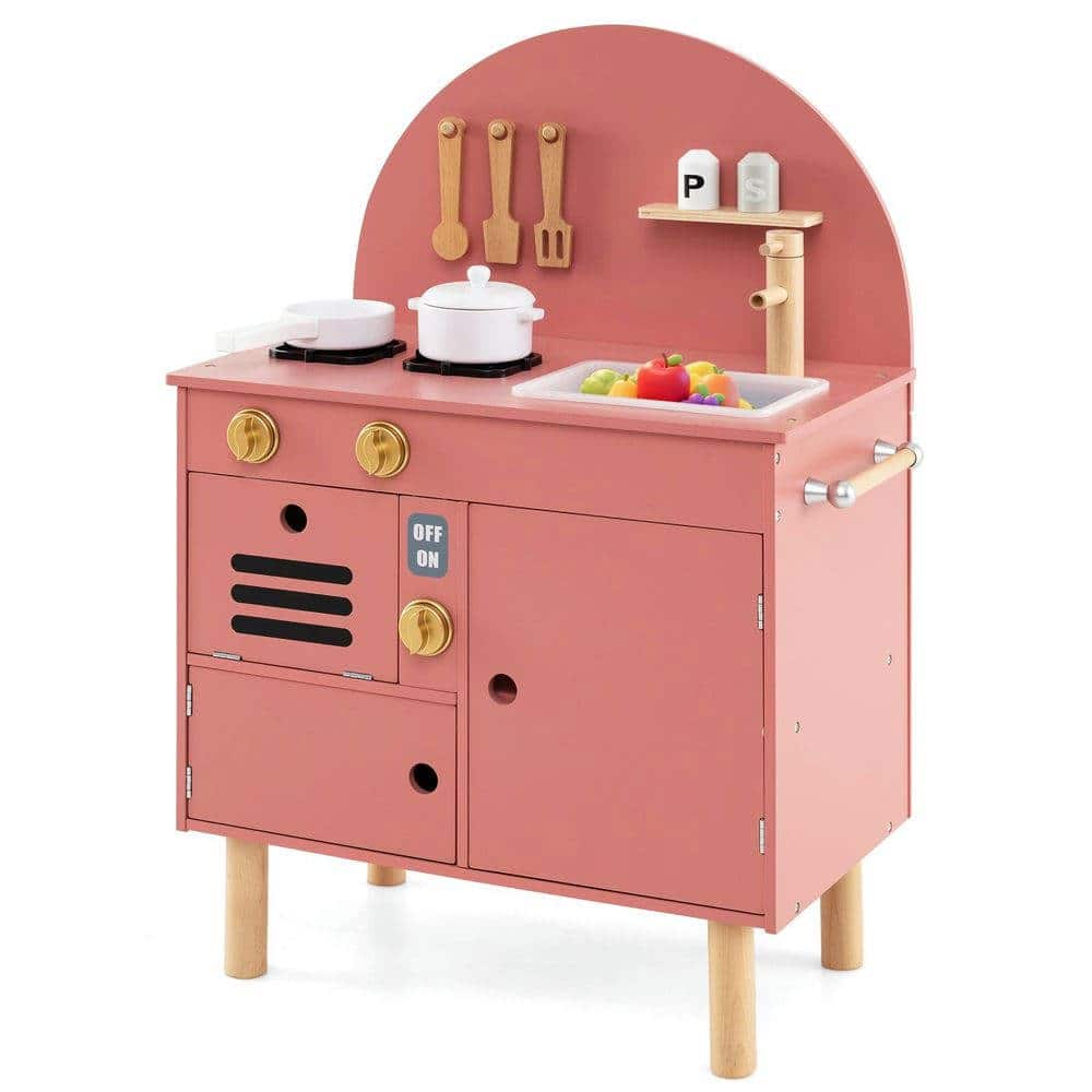 Resenkos - Kids Wooden Play Kitchen Set with Stove, Sink, Microwave & Oven - Pretend Cooking Toy - Pink