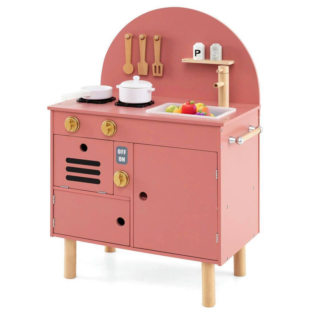 Front. Resenkos - Kids Wooden Play Kitchen Set with Stove, Sink, Microwave & Oven - Pretend Cooking Toy - Pink.
