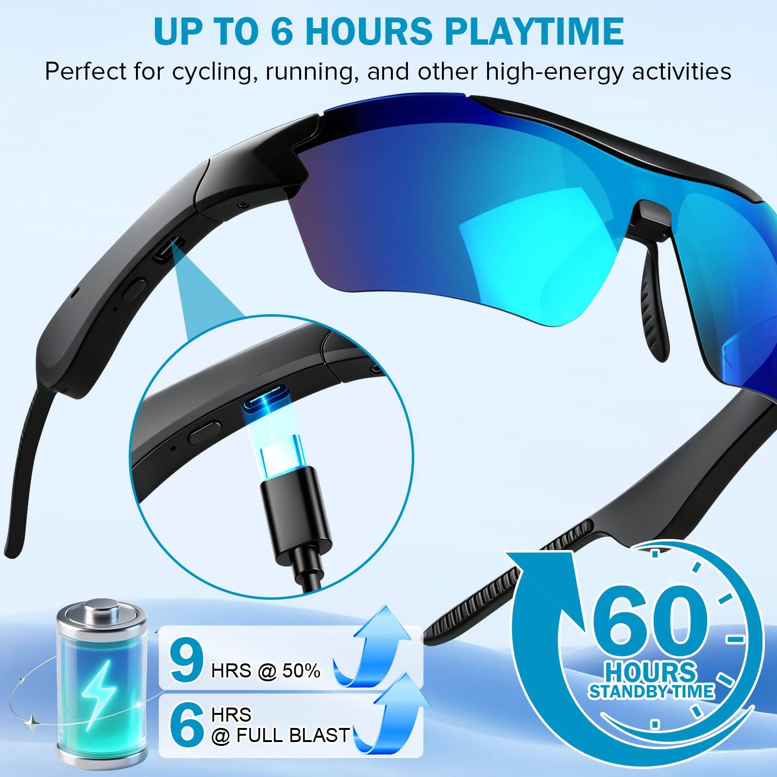 UP TO 6 HOURS PLAYTIME  
Perfect for cycling, running, and other high-energy activities  

9 HRS @ 50%  
6 HRS @ FULL BLAST  
60 HOURS STANDBY TIME