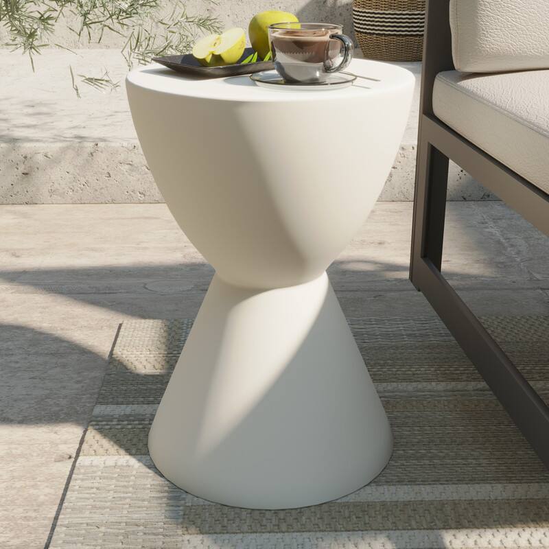 Left. LeisureMod - Loft Fiberstone Hourglass Side Table, Weather Resistant Indoor/Outdoor Pedestal Accent Table - White.