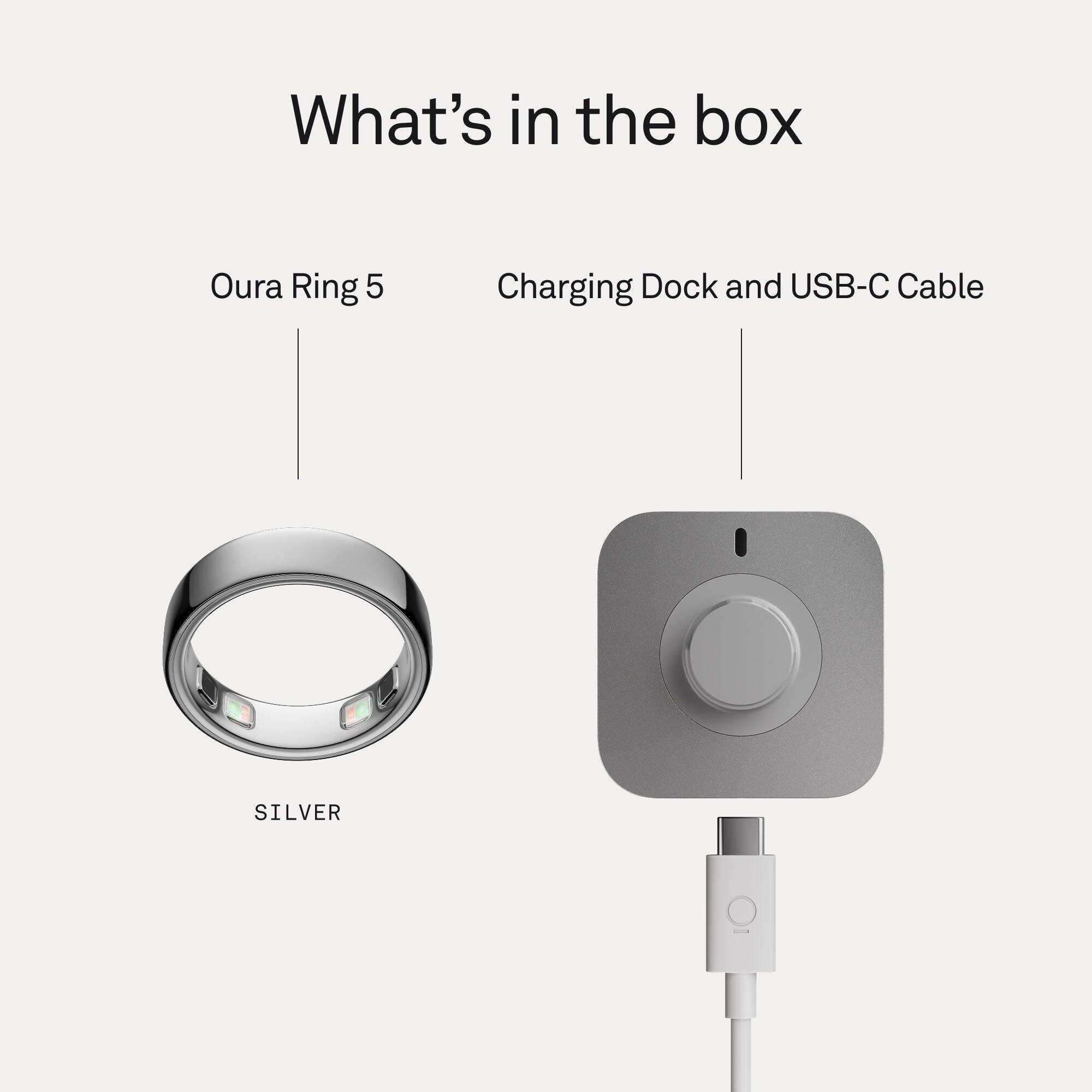 What's in the box: Oura Ring 5, Charging Dock and USB-C Cable (SILVER)
