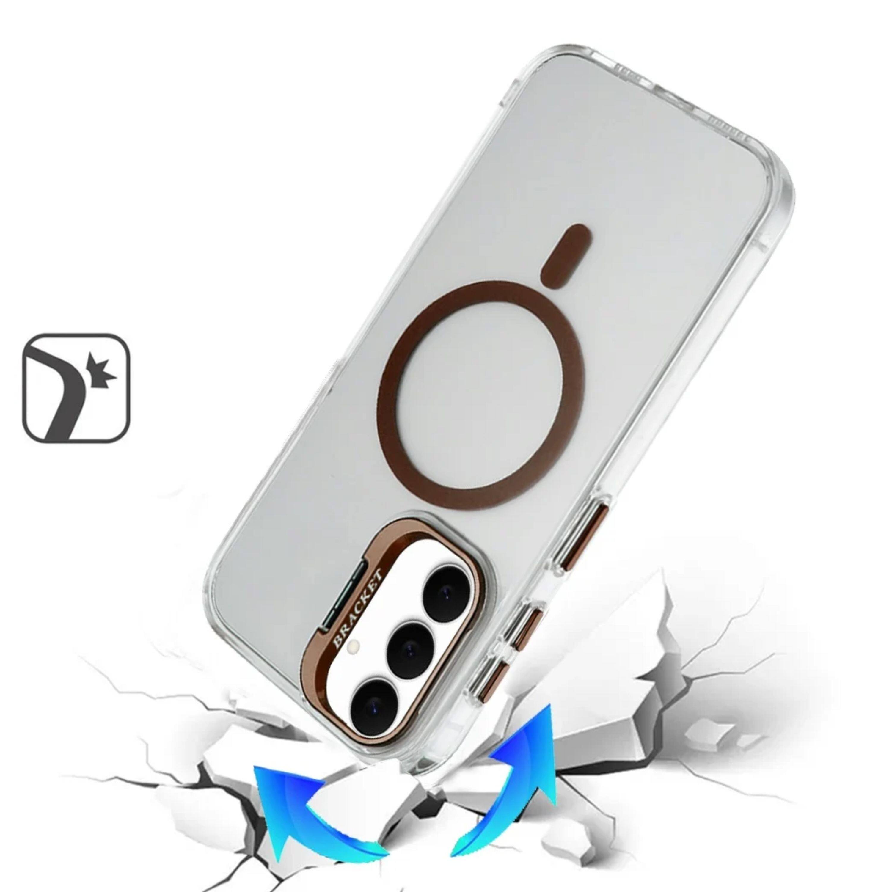 Left. Kitcheniva - Transparent Back Metallic Camera Stand Magnetic Circle Phone Case With Tempered Glass Samsung Galaxy S25 FE Desert Gold - Desert Gold.