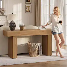Bestier - 63 Inch Fluted Console Table, Rustic Wood Entryway Sofa Table - Brown Oak