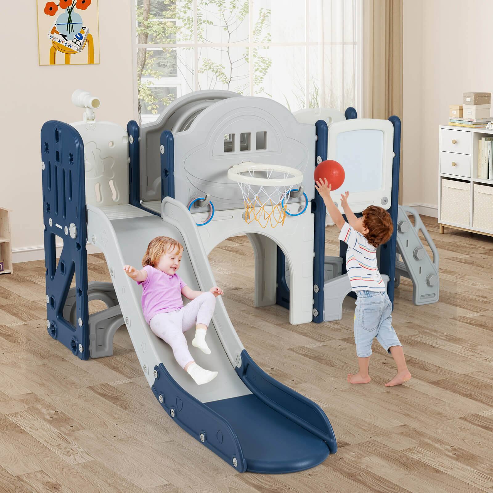 Alt View 1. Costway - Costway 10 in 1 Toddler Slide Set with Magnetic Whiteboard, Telescope Ring Toss for Ages 3+ - Gray,Blue.