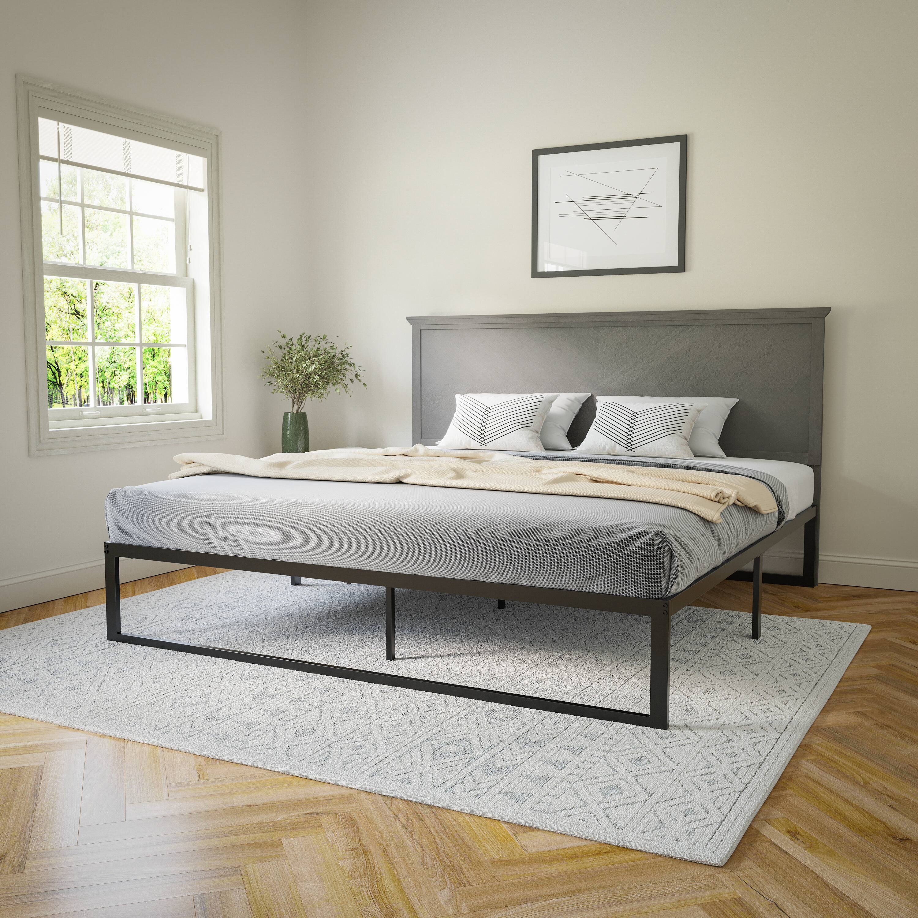 Alt View 2. Flash Furniture - Fiona King Size Herringbone Wooden Adjustable Headboard for Universal Metal Bed Frames in Gray Wash - Gray.