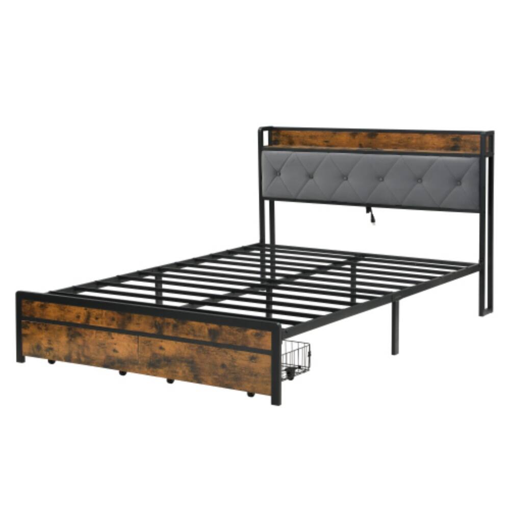 Alt View 1. LUCKY ONE - King Size Bed Frame with Upholstered Headboard, LED Lights, USB Charging Station, 2 Drawers, No Box Spring Needed - Brown+Gray.