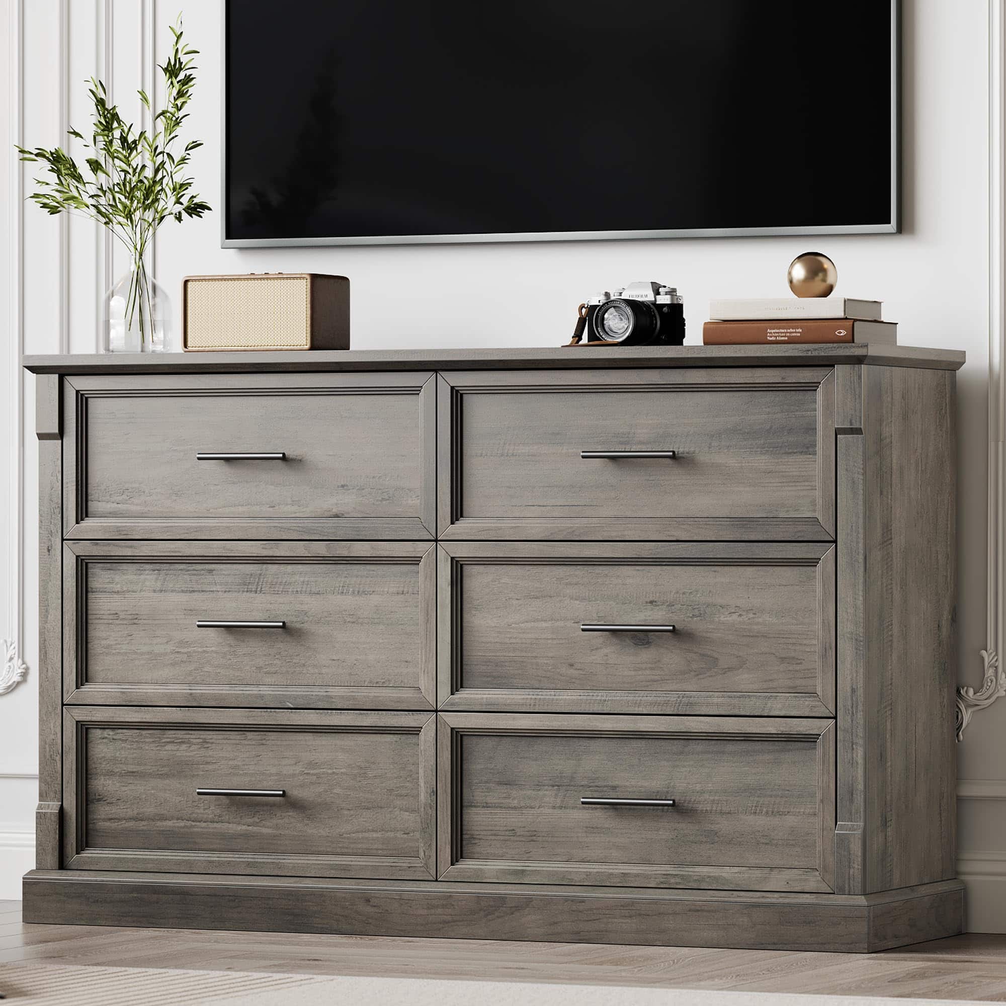 Acekool - 6 Drawer Dresser for Bedroom, Farmhouse Large Double Chest of Drawers with Metal Handles, Rustic Wooden Dresser - Gray