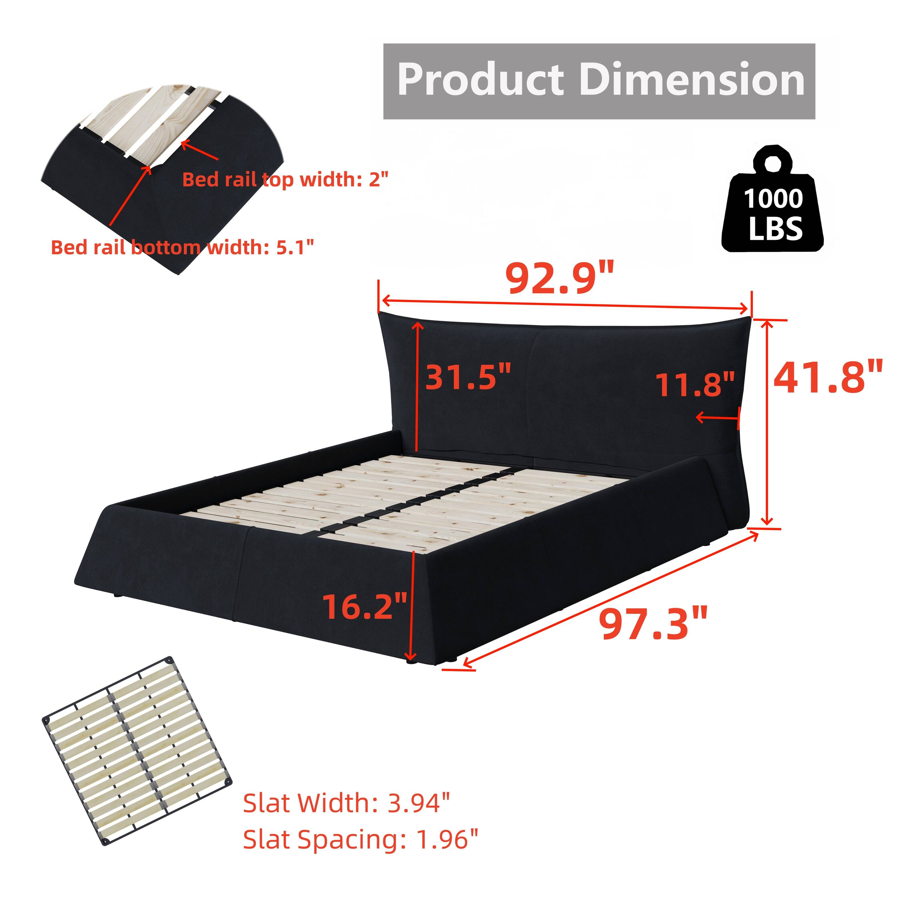Product Dimension

- Bed rail top width: 2"
- Bed rail bottom width: 5.1"
- 92.9"
- 31.5"
- 11.8"
- 41.8"
- 97.3"
- 16.2"
- 6"
- Slat Width: 3.94"
- Slat Spacing: 1.96"
- 1000 LBS