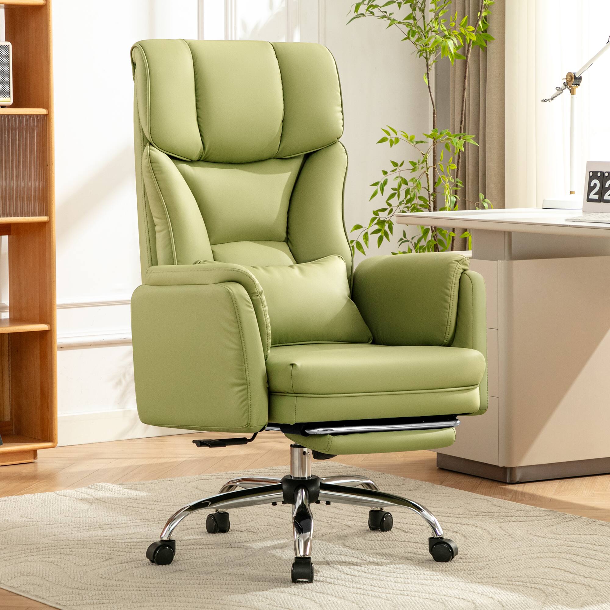 Angle. KERDOM - Ergonomic Big Office Leather Chair with Expandable Arms, Reclining Cross Legged Chair with Footrest Wide Seat for Gaming - Green.