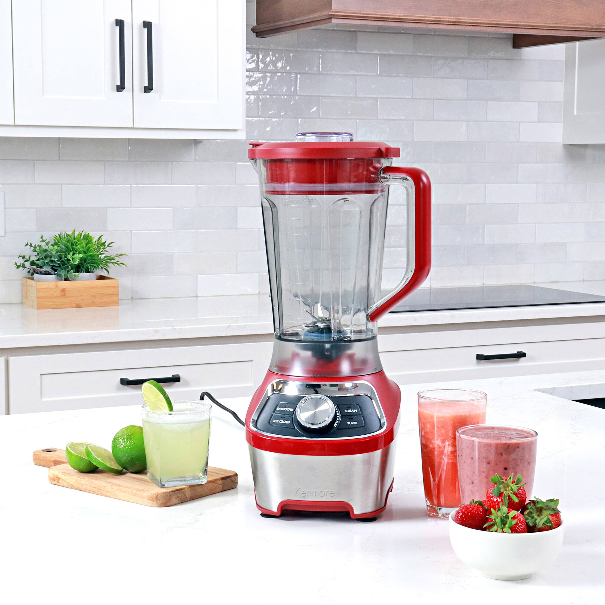 Angle. Kenmore - 64 oz Stand Blender, 1200W, Smoothie, Ice Crush, Self-Clean Modes, Variable Speed, Black - Red.