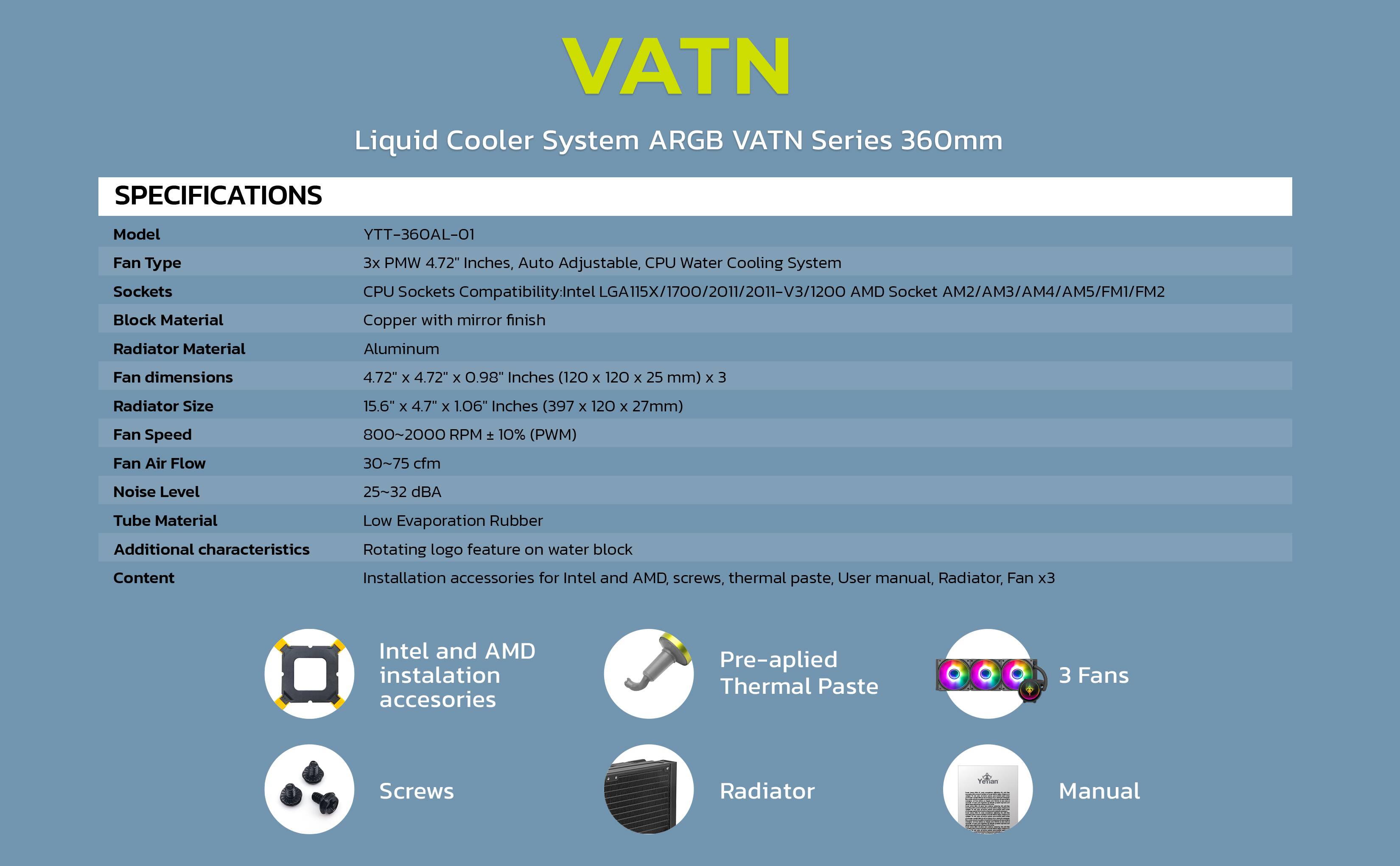 VATN Liquid Cooler System ARGB VATN Series 360mm

SPECIFICATIONS
Model: YTT-360AL-01
Fan Type: 3x PWM 4.72" Inches, Auto Adjustable, CPU Water Cooling System
Sockets: CPU Sockets Compatibility: Intel LGA115X/1700/2011/2011-V3/1200 AMD Socket AM2/AM3/AM4/AM5/FM1/FM2
Block Material: Copper with mirror finish
Radiator Material: Aluminum
Fan dimensions: 4.72" x 4.72" x 0.98" Inches (120 x 120 x 25 mm) x 3
Radiator Size: 15.6" x 4.7" x 1.06" Inches (397 x 120 x 27mm)
Fan Speed: 800~2000 RPM ± 10% (PWM)
Fan Air Flow: 30~75 cfm
Noise Level: 25-32 dBA
Tube