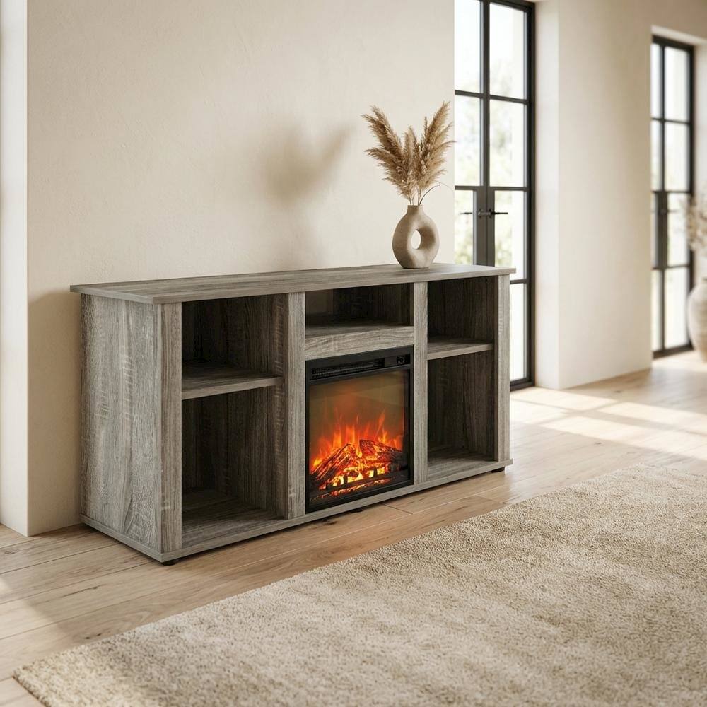Alt View 2. FurniFact - Gray Fireplace TV Stand with Open Storage for Up to 55-Inch Flat Screens - Gray.