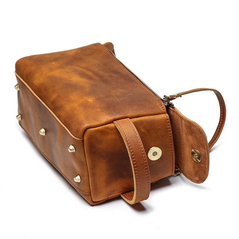 Angle. Steel Horse Leather - Dado Leather Dopp Kit | Handmade Leather Toiletry Bag - Brown.